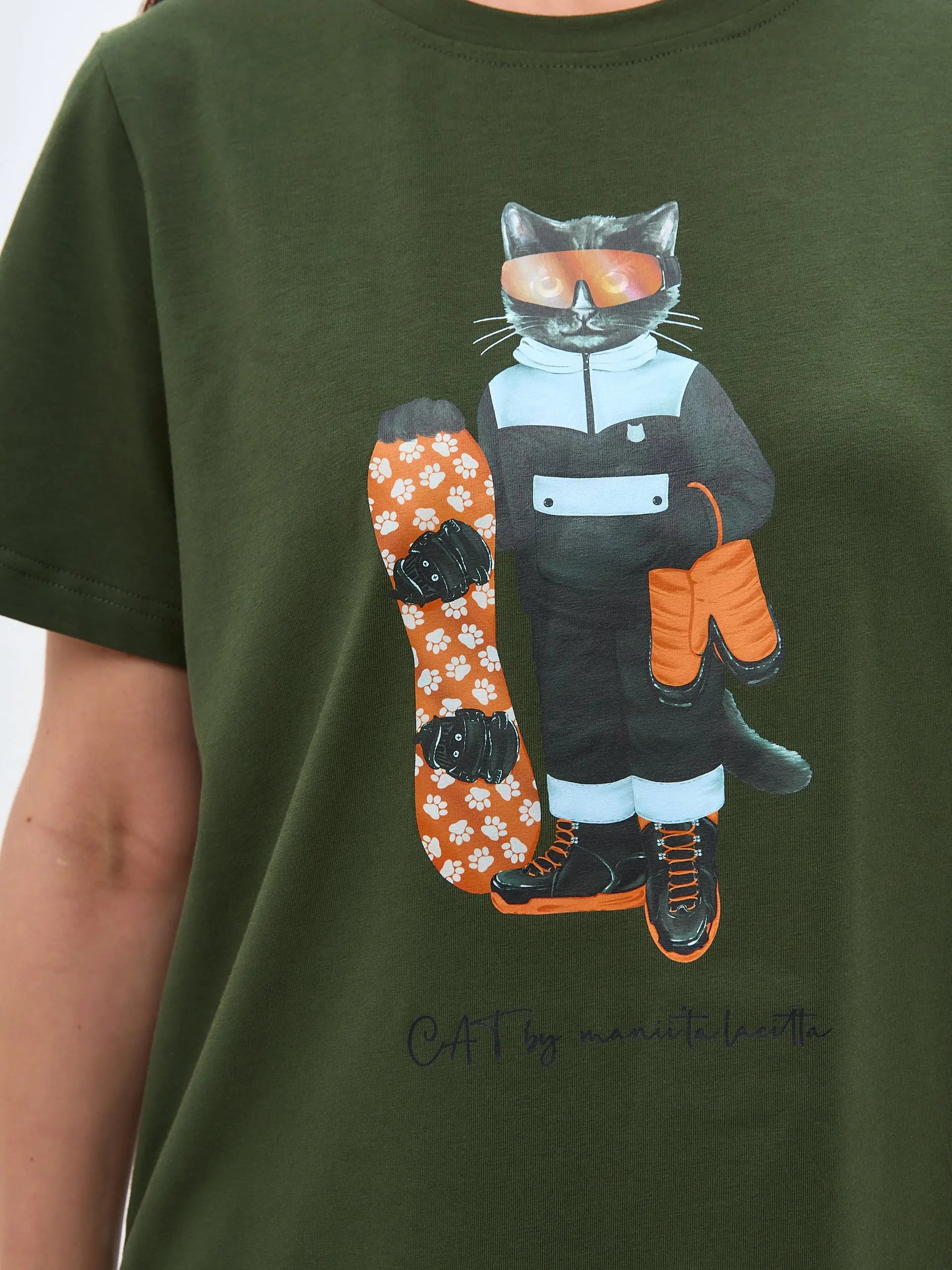 Olive T-shirt Snowboard Cat | T-shirt For Cat Lovers | Cat e Lolette
