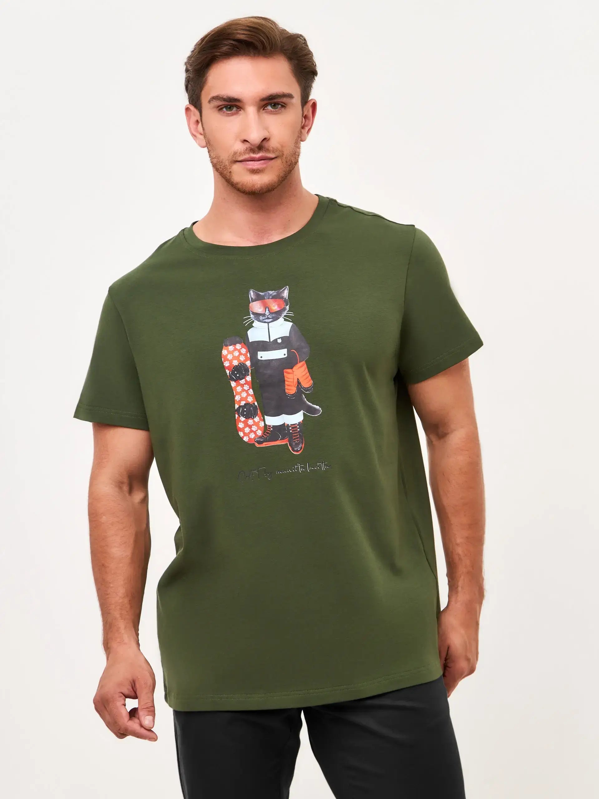 Olive T-shirt Snowboard Cat | T-shirt For Cat Lovers | Cat e Lolette