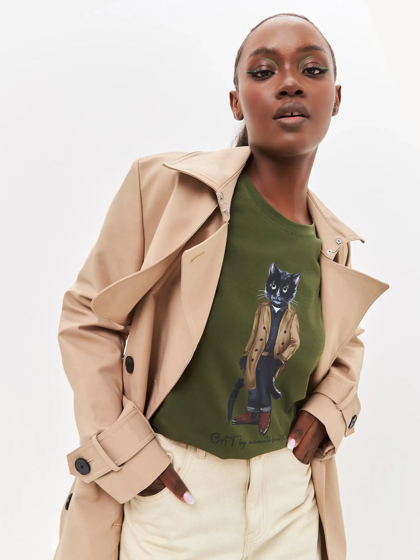 Olive T-shirt Trench Coat Cat | T-shirt For Cat Lovers | Cat e Lolette