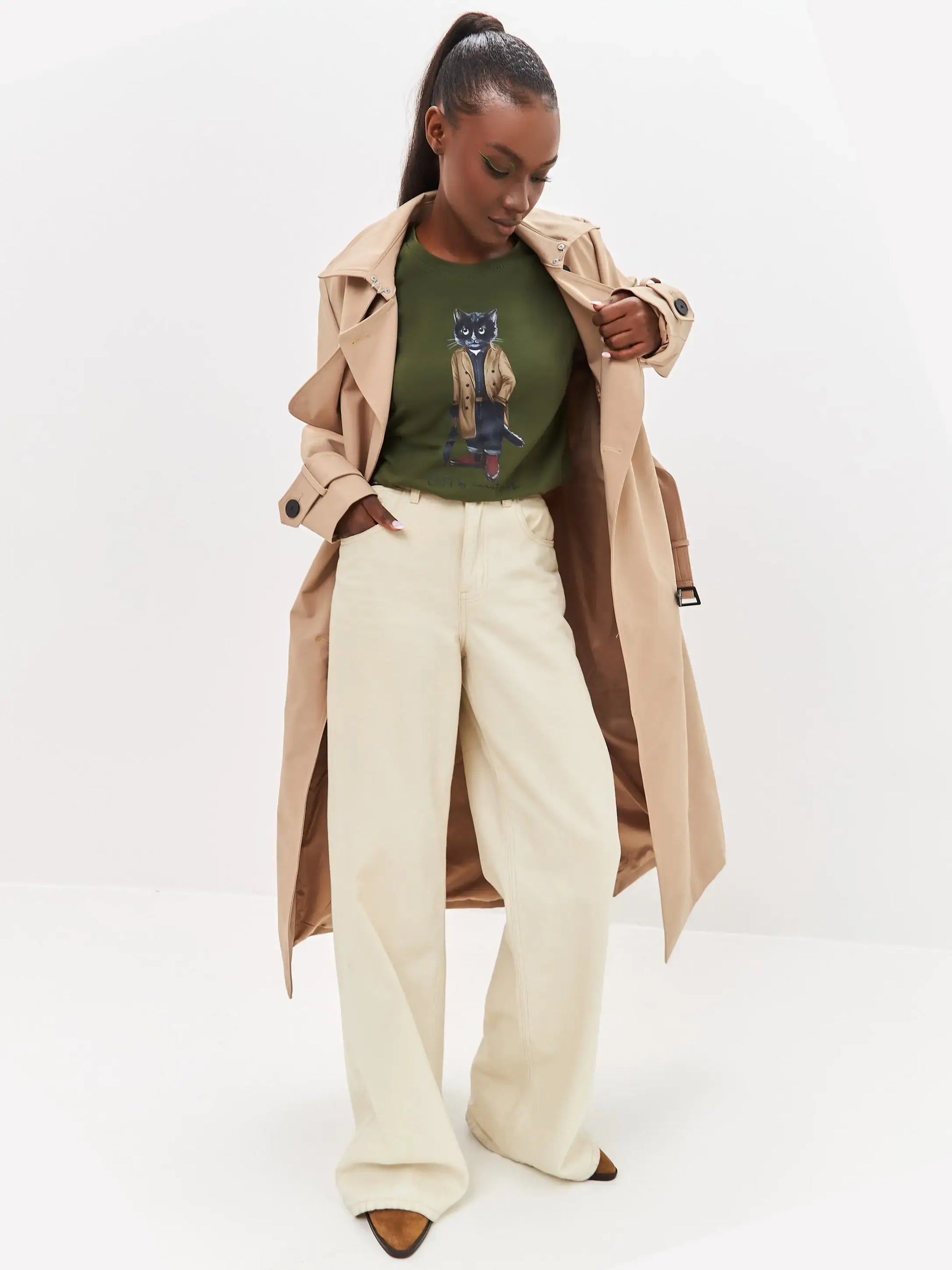 Olive T-shirt Trench Coat Cat | T-shirt For Cat Lovers | Cat e Lolette