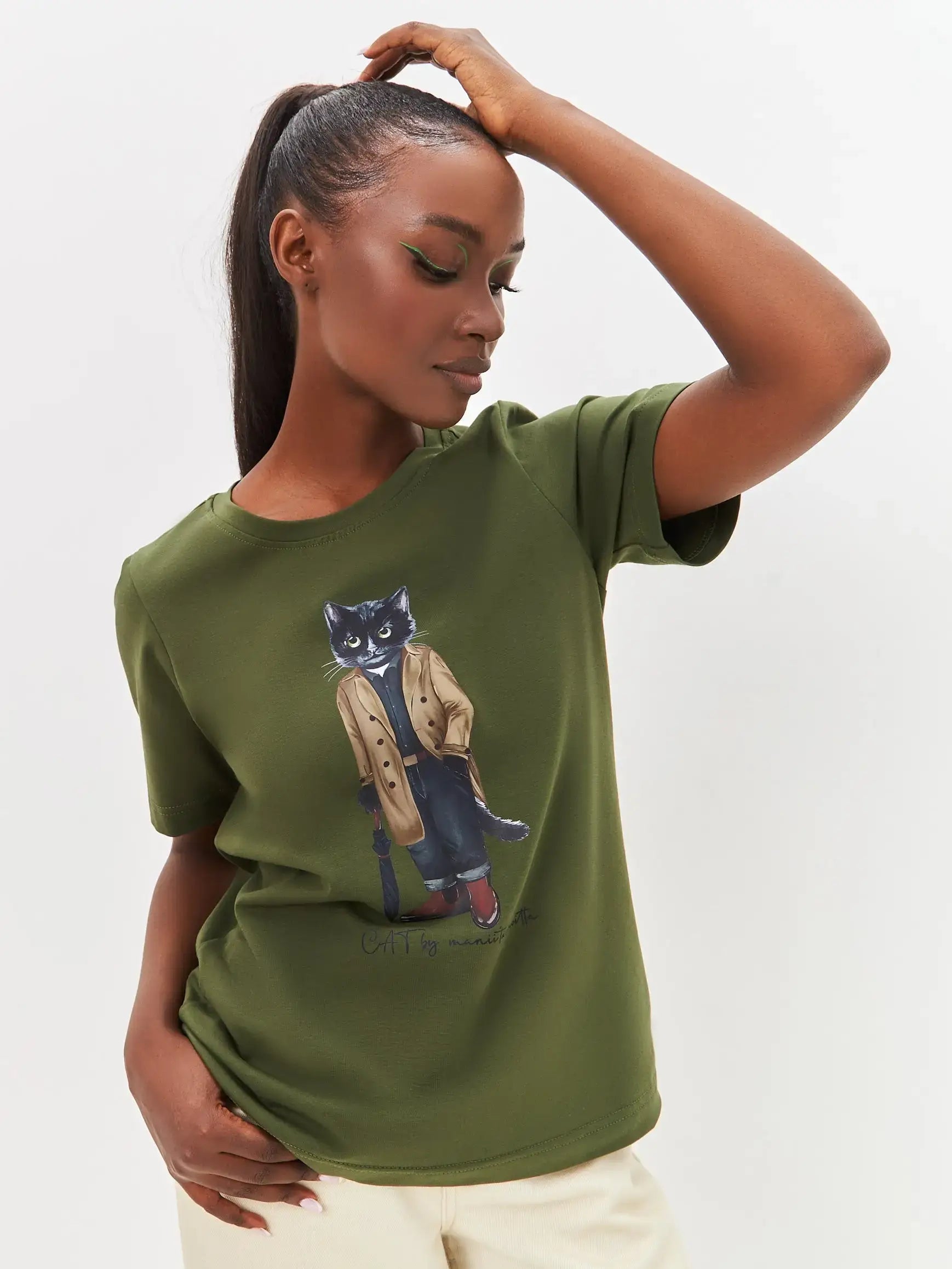 Olive T-shirt Trench Coat Cat | T-shirt For Cat Lovers | Cat e Lolette