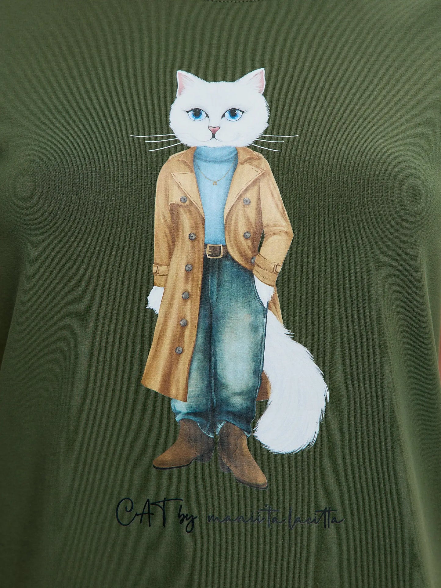 Olive T-shirt Trench Coat White Cat | T-shirt For Cat Lovers | Cat e