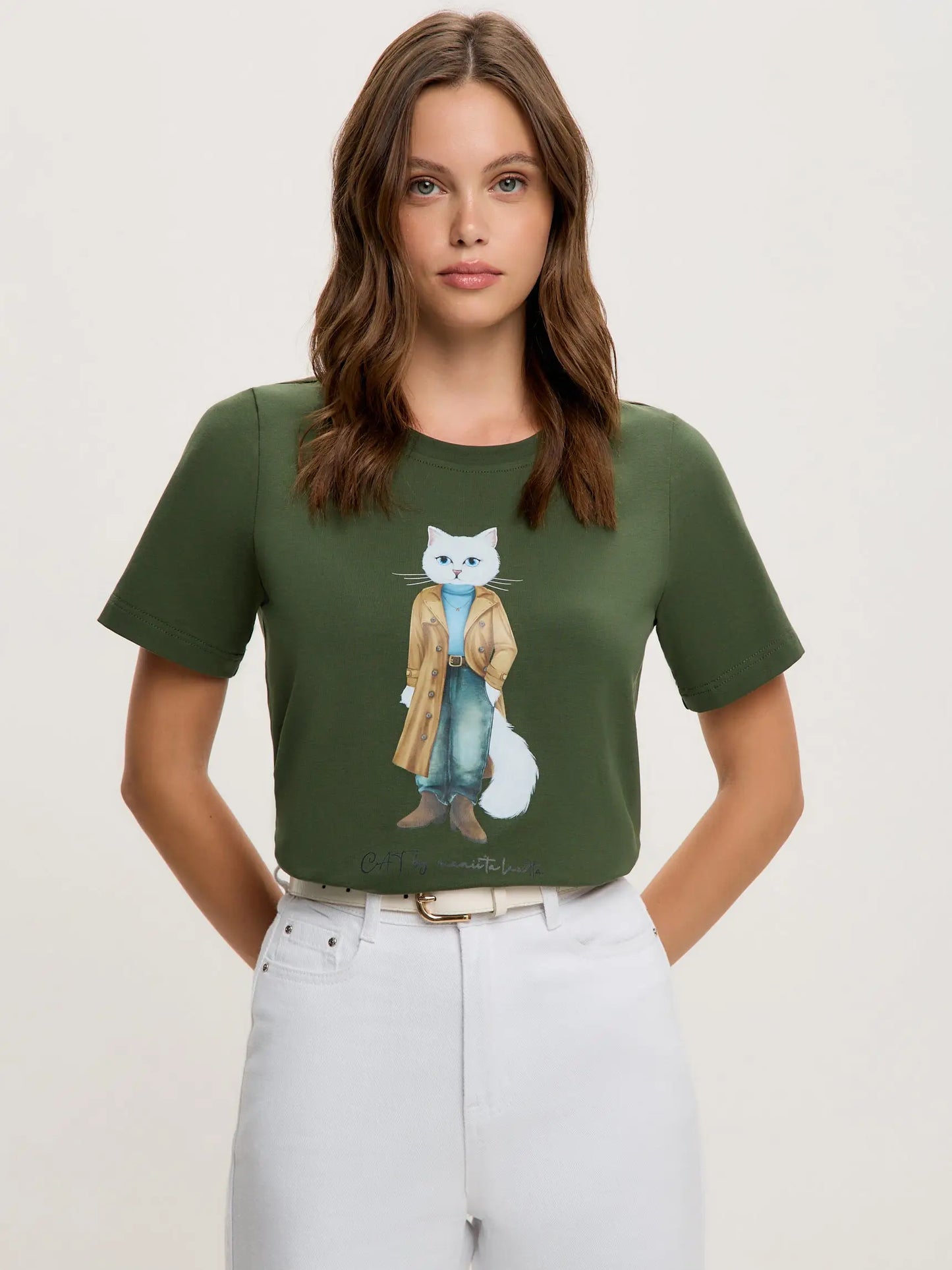 Olive T-shirt Trench Coat White Cat | T-shirt For Cat Lovers | Cat e