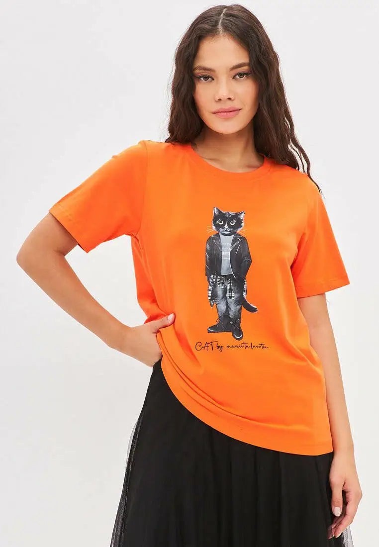 Orange T-shirt Rocker Cat | T-shirt For Cat Lovers | Cat e Lolette