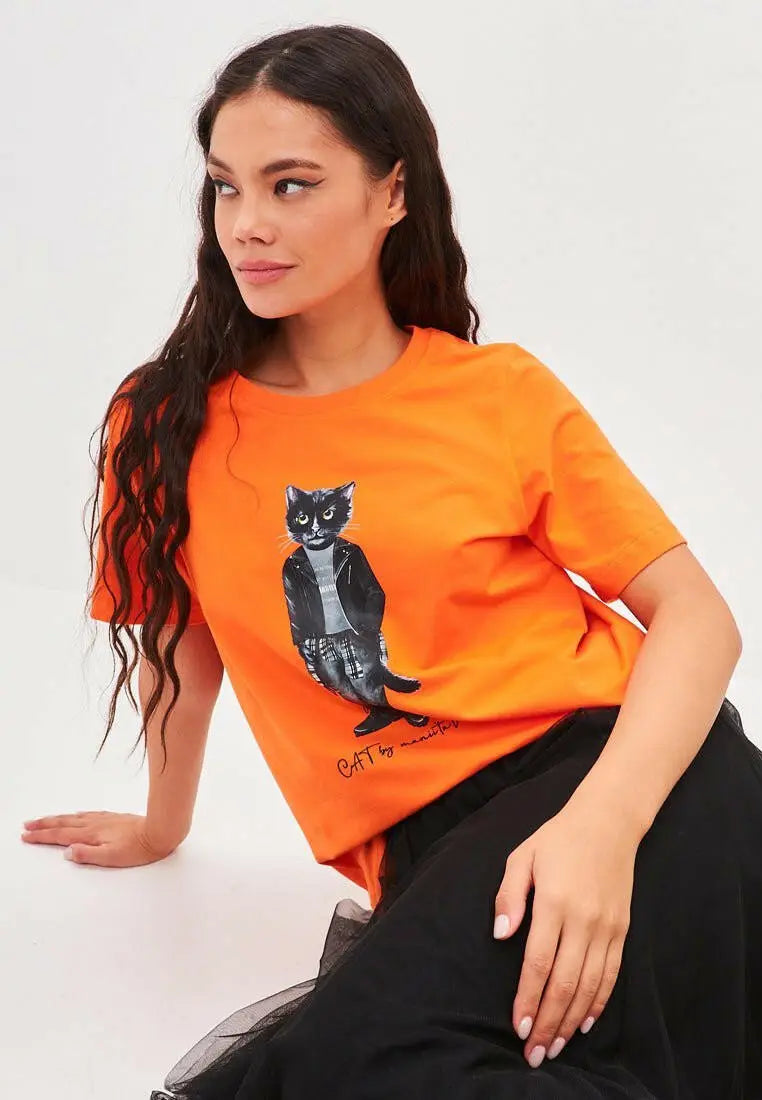Orange T-shirt Rocker Cat | T-shirt For Cat Lovers | Cat e Lolette