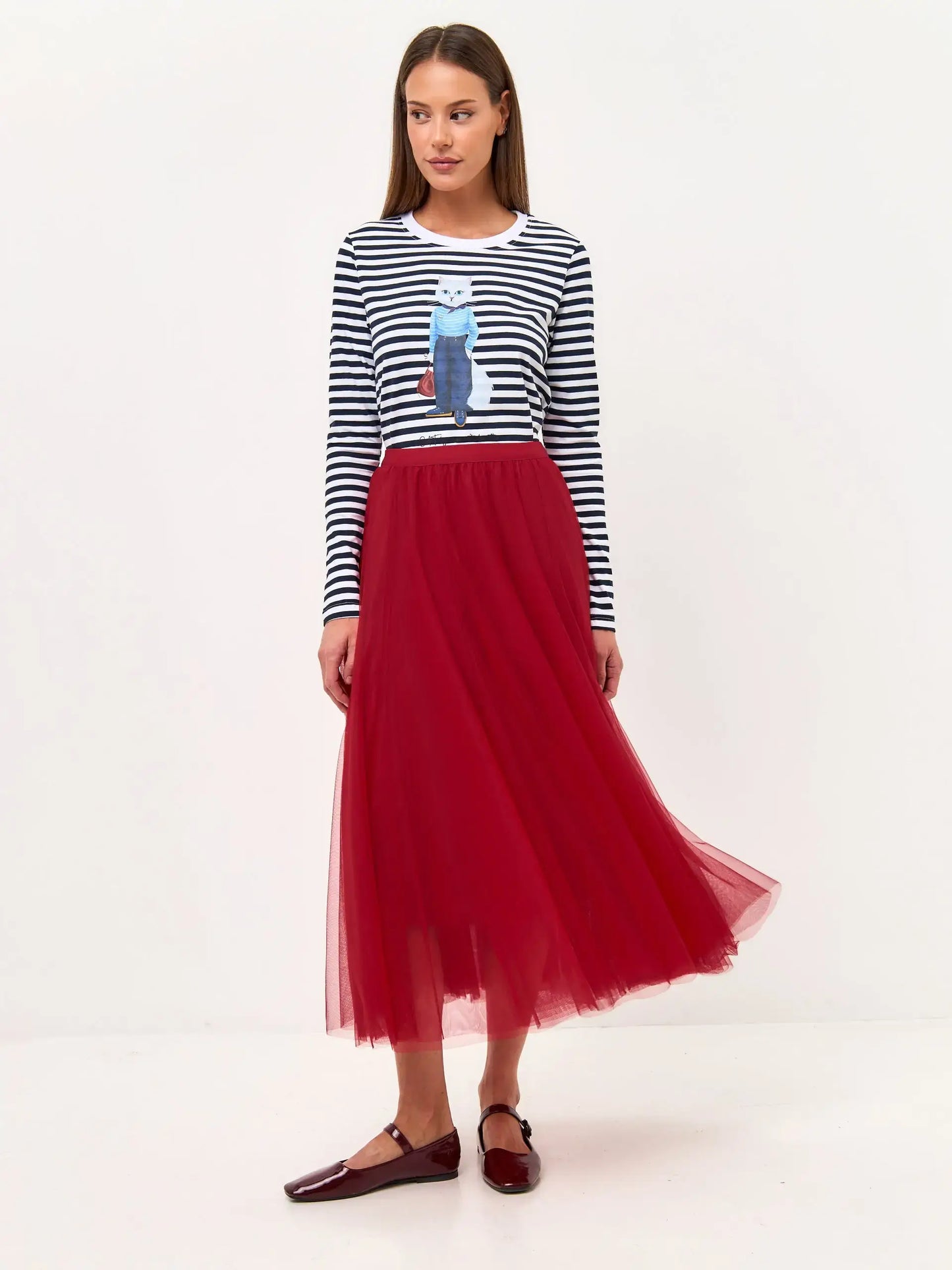 Paris Set: Women’s Long Sleeve Navy Striped White сѓat and Red Tulle