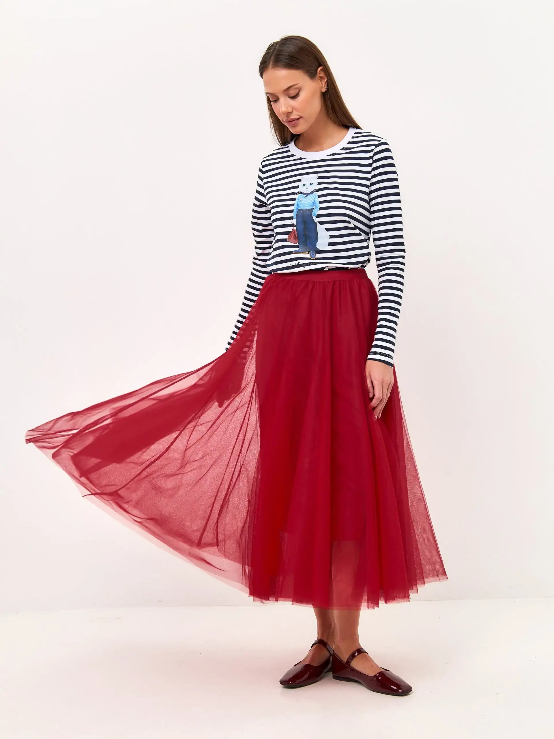 Paris Set: Women’s Long Sleeve Navy Striped White сѓat and Red Tulle