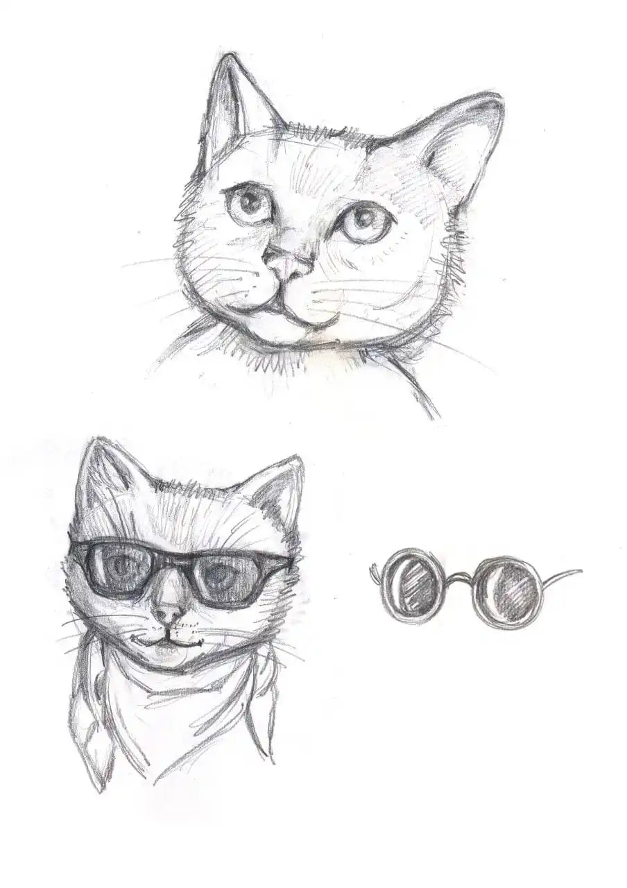 Pencil sketches of cats and sunglasses.