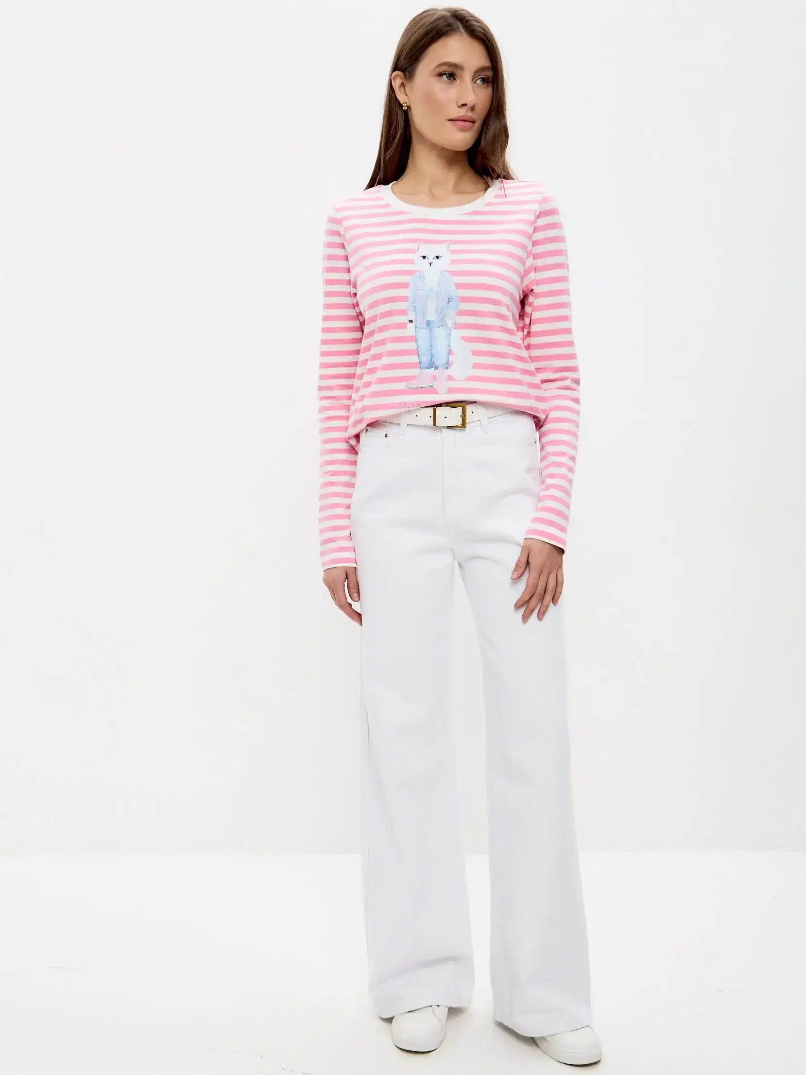 Pink Longsleeve Country White Cat | Shirt & Striped shirt For Cat