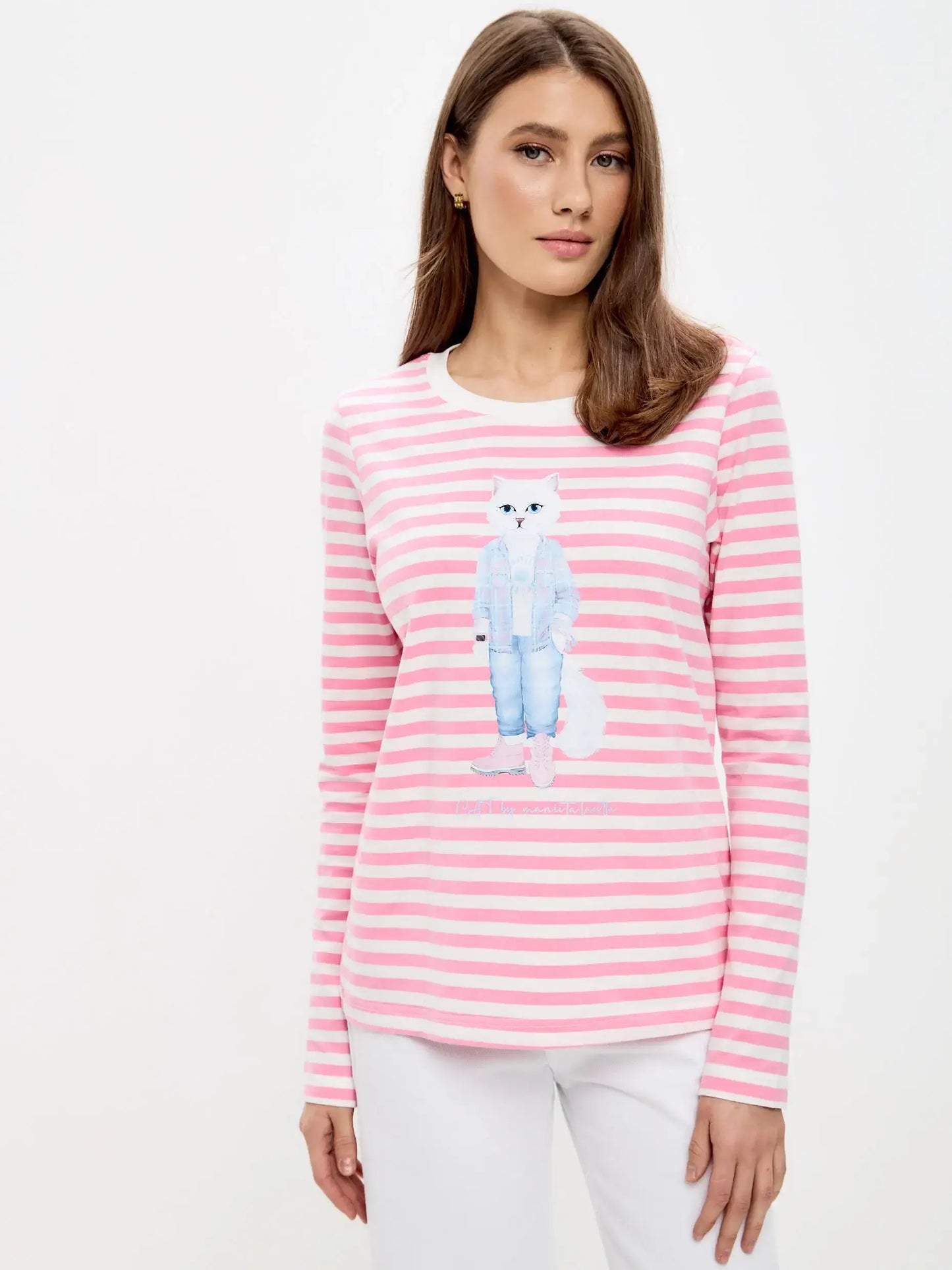 Pink Longsleeve Country White Cat | Shirt & Striped shirt For Cat