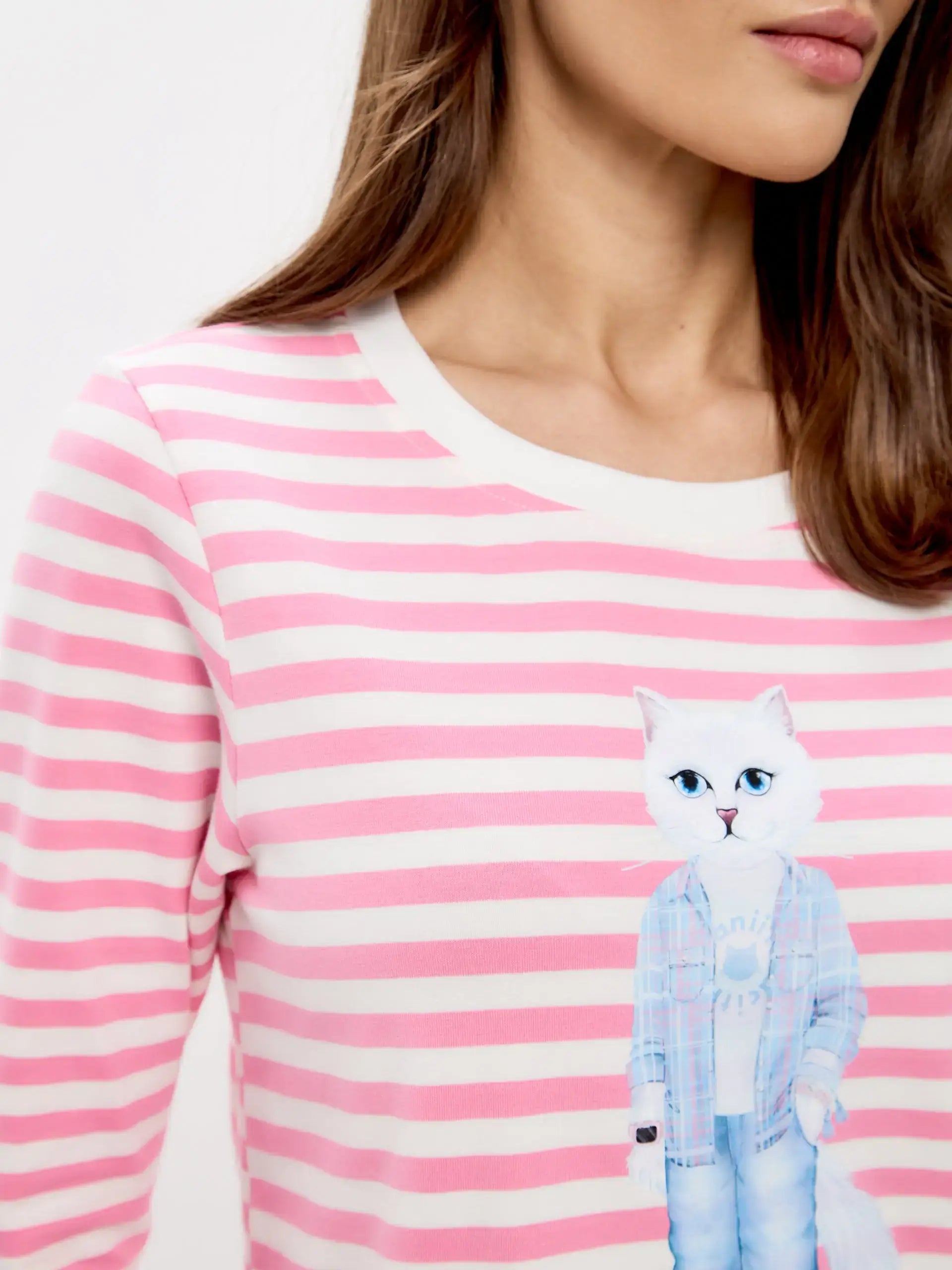 Pink Longsleeve Country White Cat | Shirt & Striped shirt For Cat