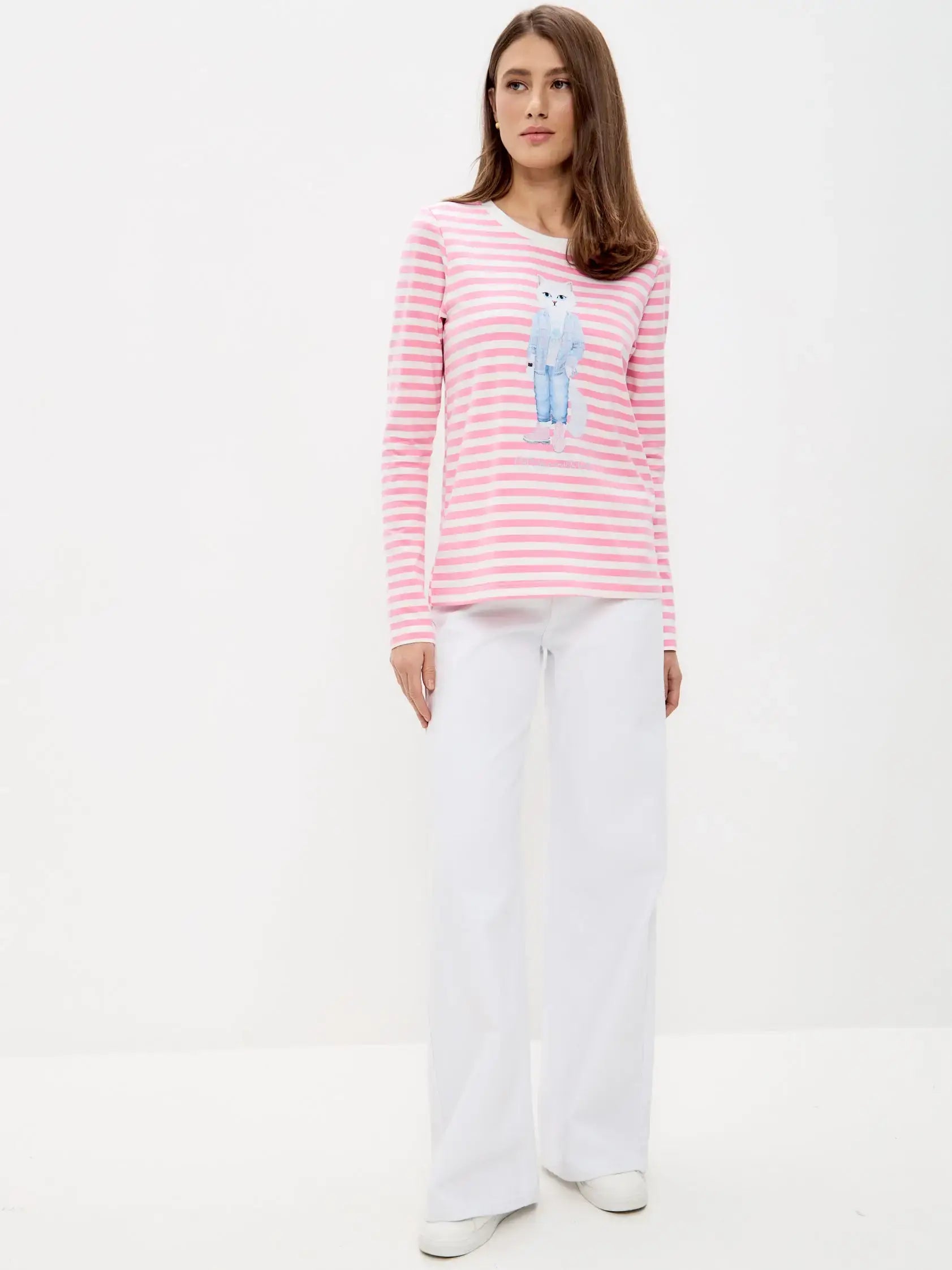 Pink Longsleeve Country White Cat | Shirt & Striped shirt For Cat