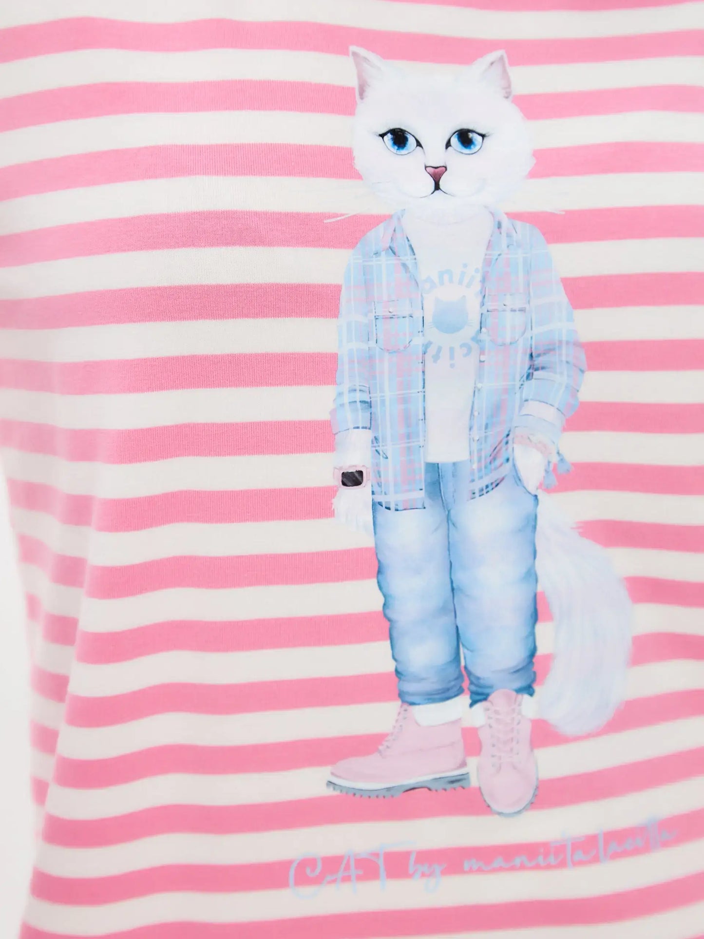 Pink Longsleeve Country White Cat | Shirt & Striped shirt For Cat