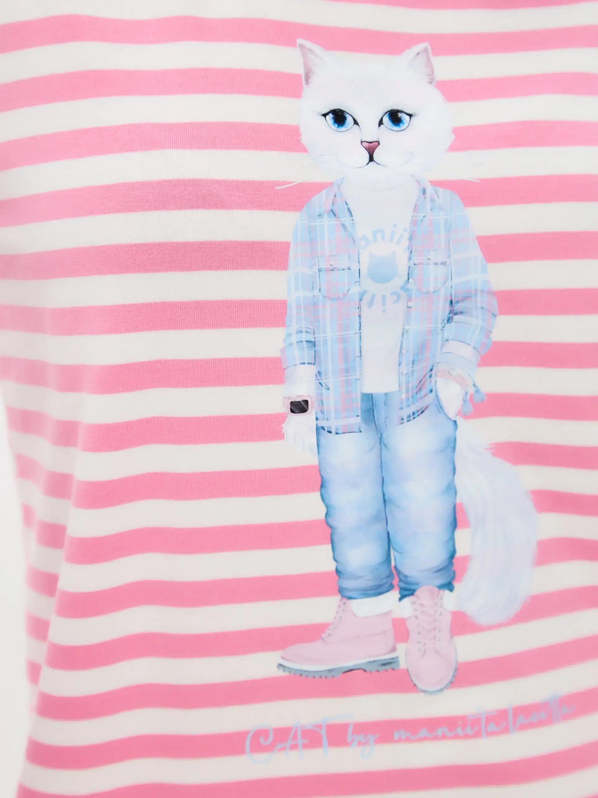 Pink Longsleeve Country White Cat | Shirt & Striped shirt For Cat