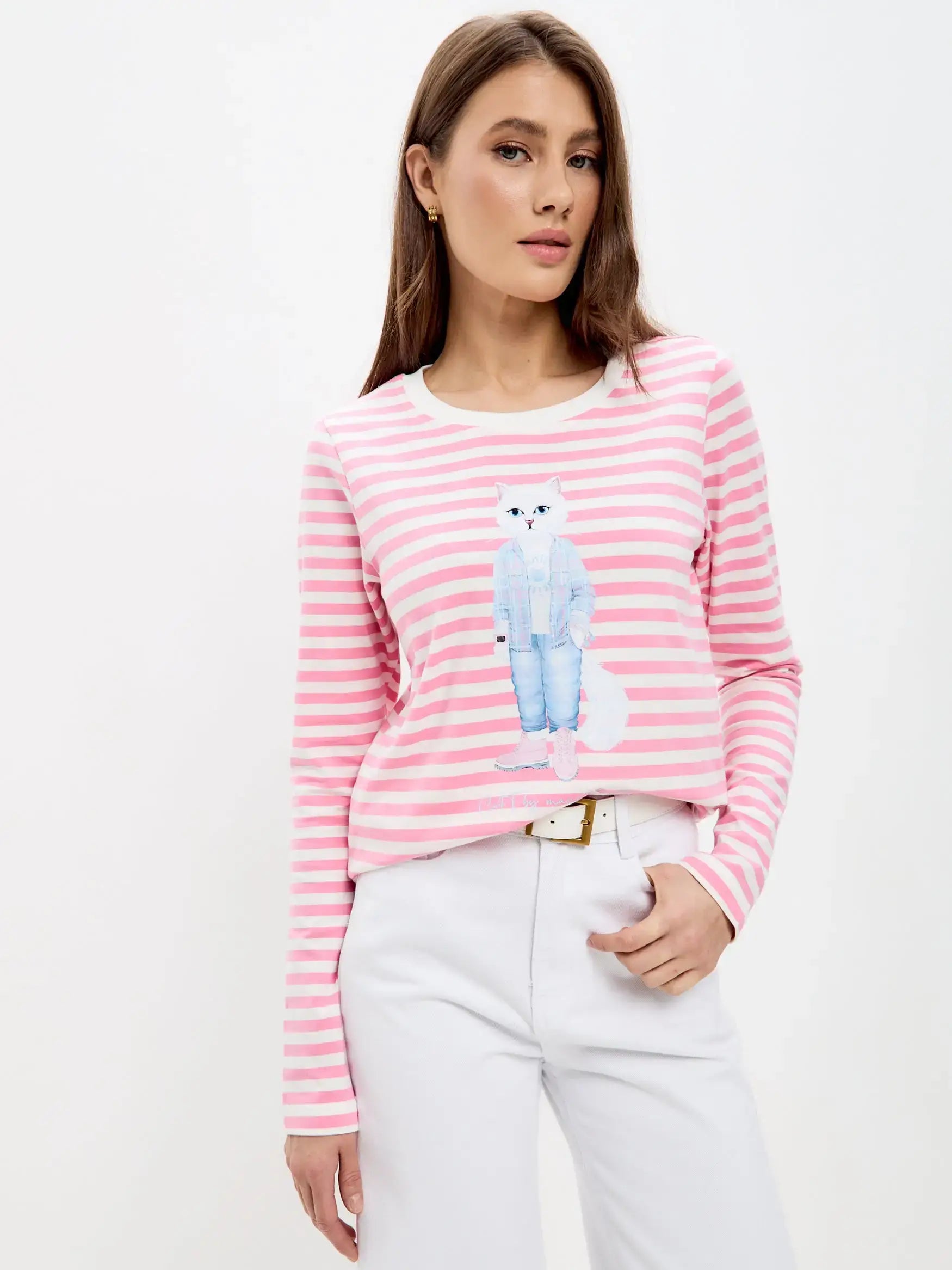 Pink Longsleeve Country White Cat | Shirt & Striped shirt For Cat