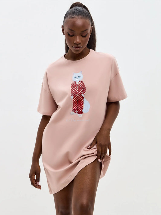 Pink Oversized T-shirt Pajamas Cat | Loungewear For Cat Lovers | Cat