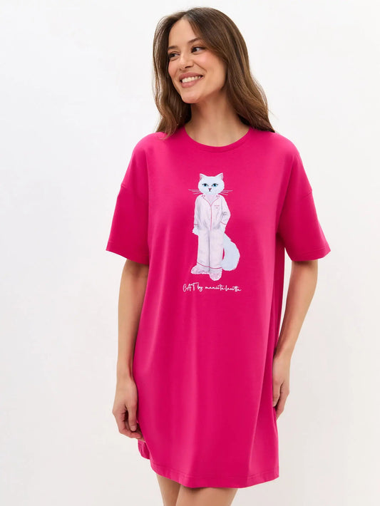 Pink Oversized T-shirt Pajamas Cat | Loungewear For Cat Lovers | Cat