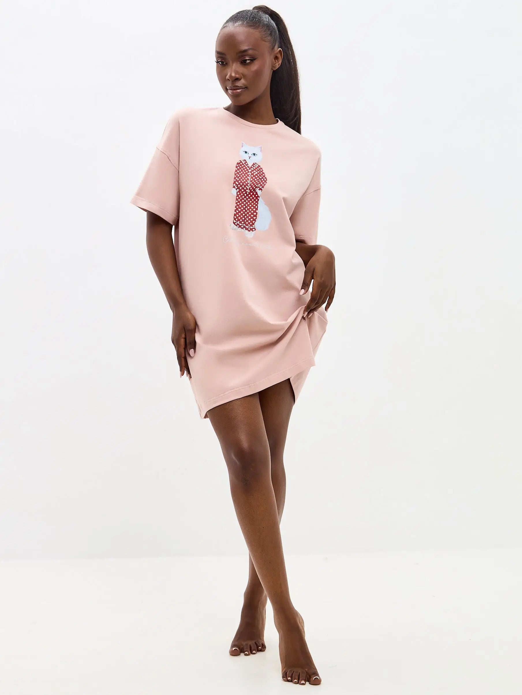 Pink Oversized T-shirt Pajamas Cat | Loungewear For Cat Lovers | Cat