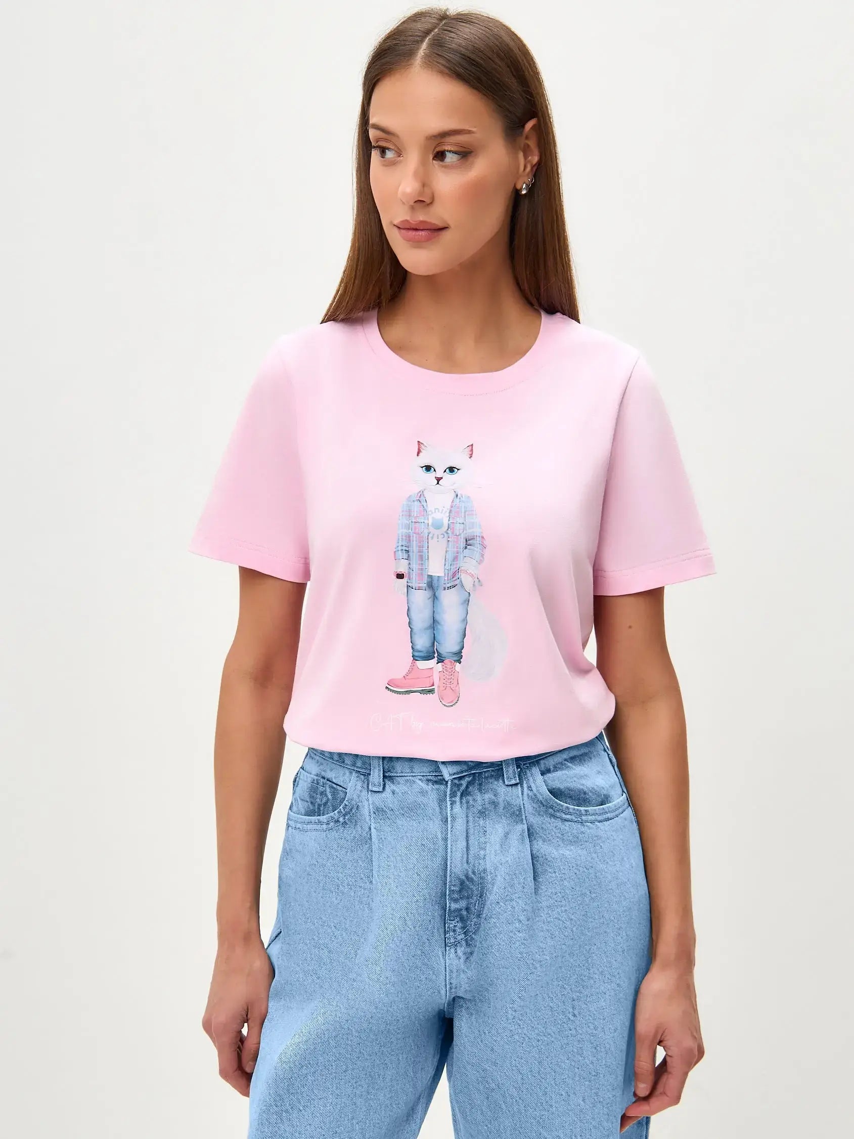 Pink T-shirt Country White Cat | T-shirt For Cat Lovers | Cat e