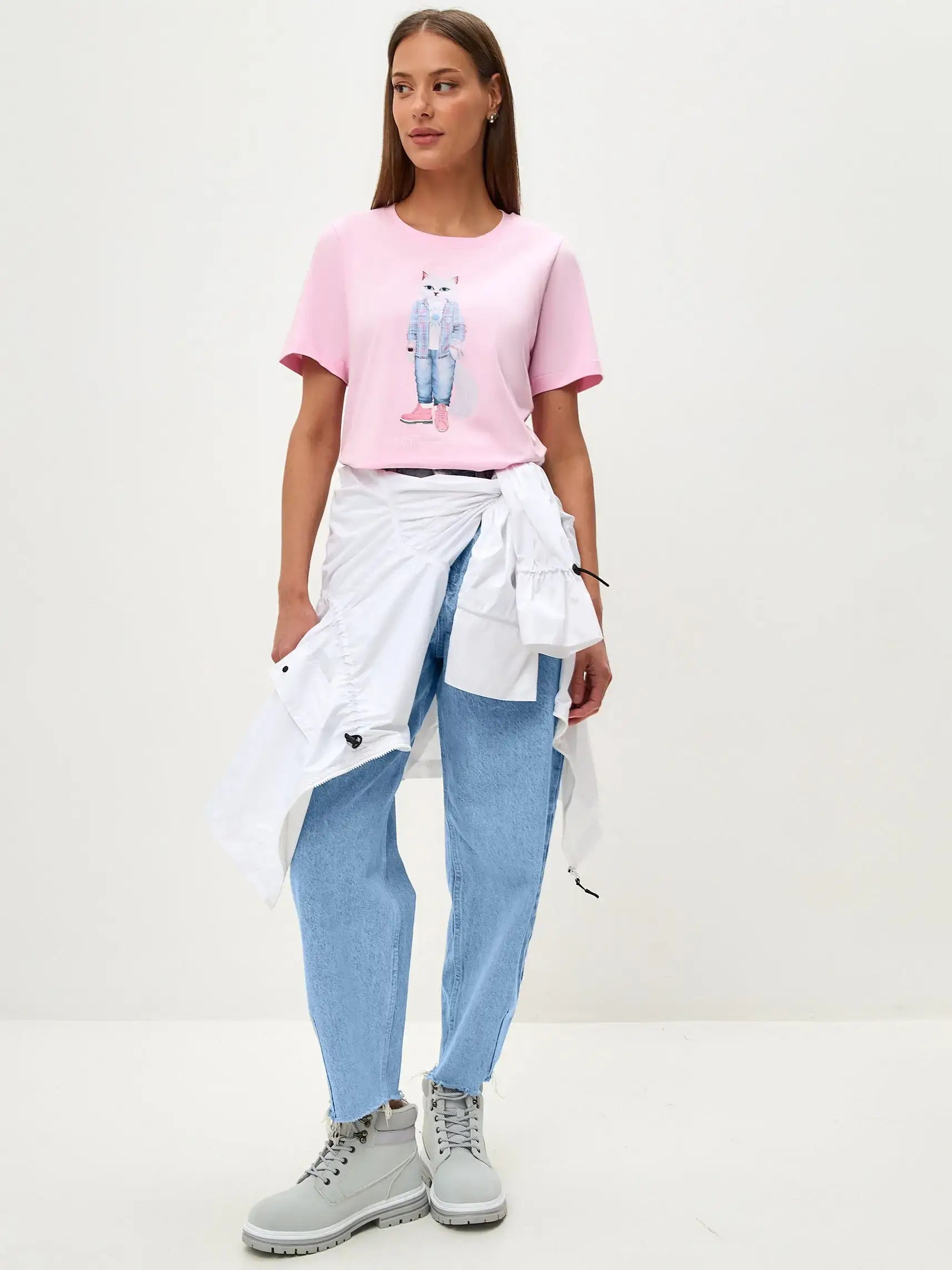 Pink T-shirt Country White Cat | T-shirt For Cat Lovers | Cat e