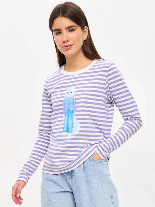 Purple Longsleeve White Cat Walk | Shirt & Striped shirt For Cat