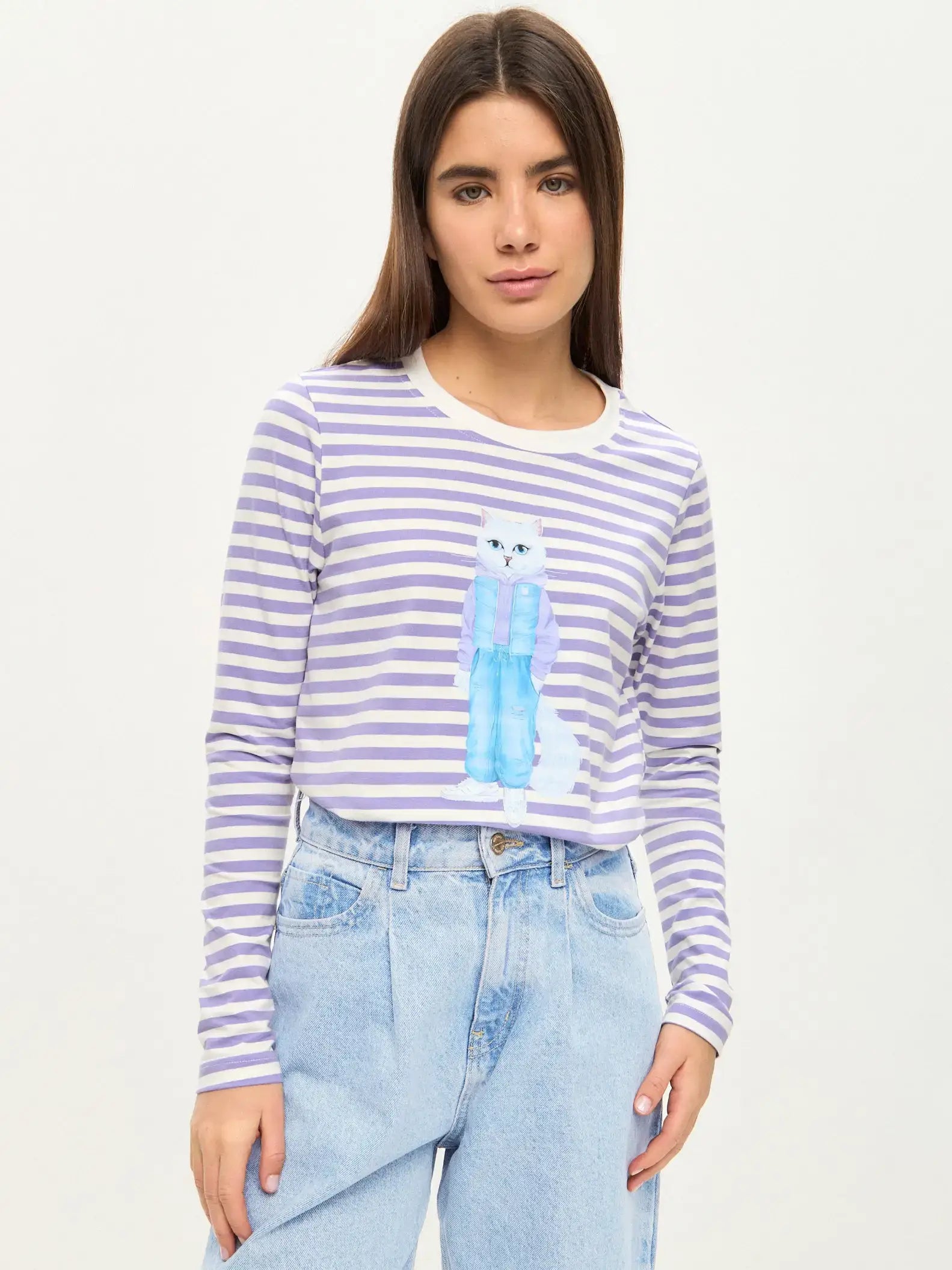 Purple Longsleeve White Cat Walk | Shirt & Striped shirt For Cat