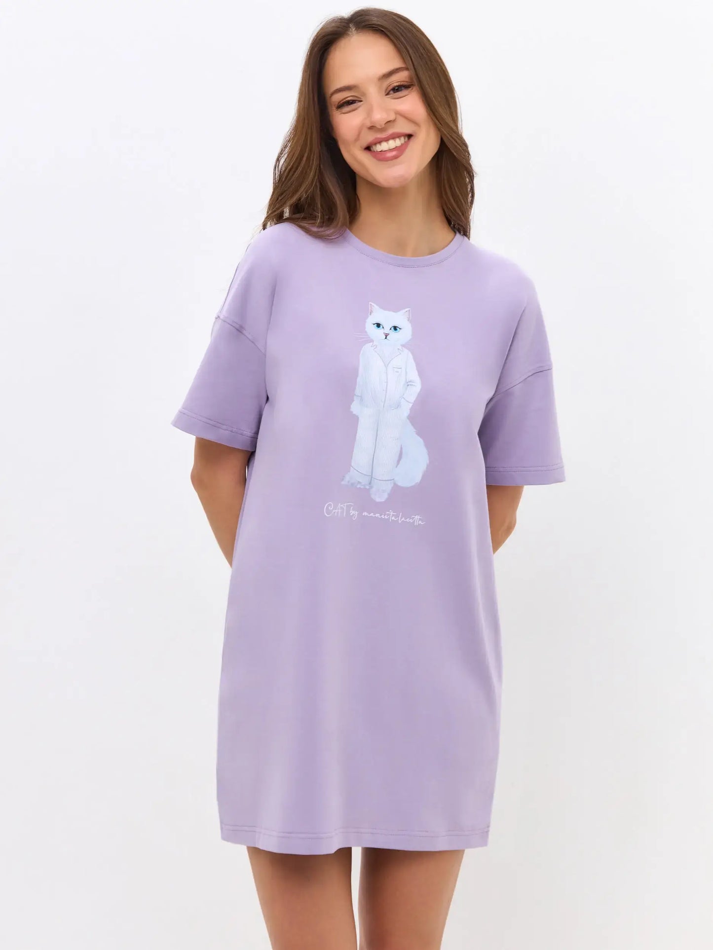 Purple Oversized T-shirt Pajamas Cat | Loungewear For Cat Lovers