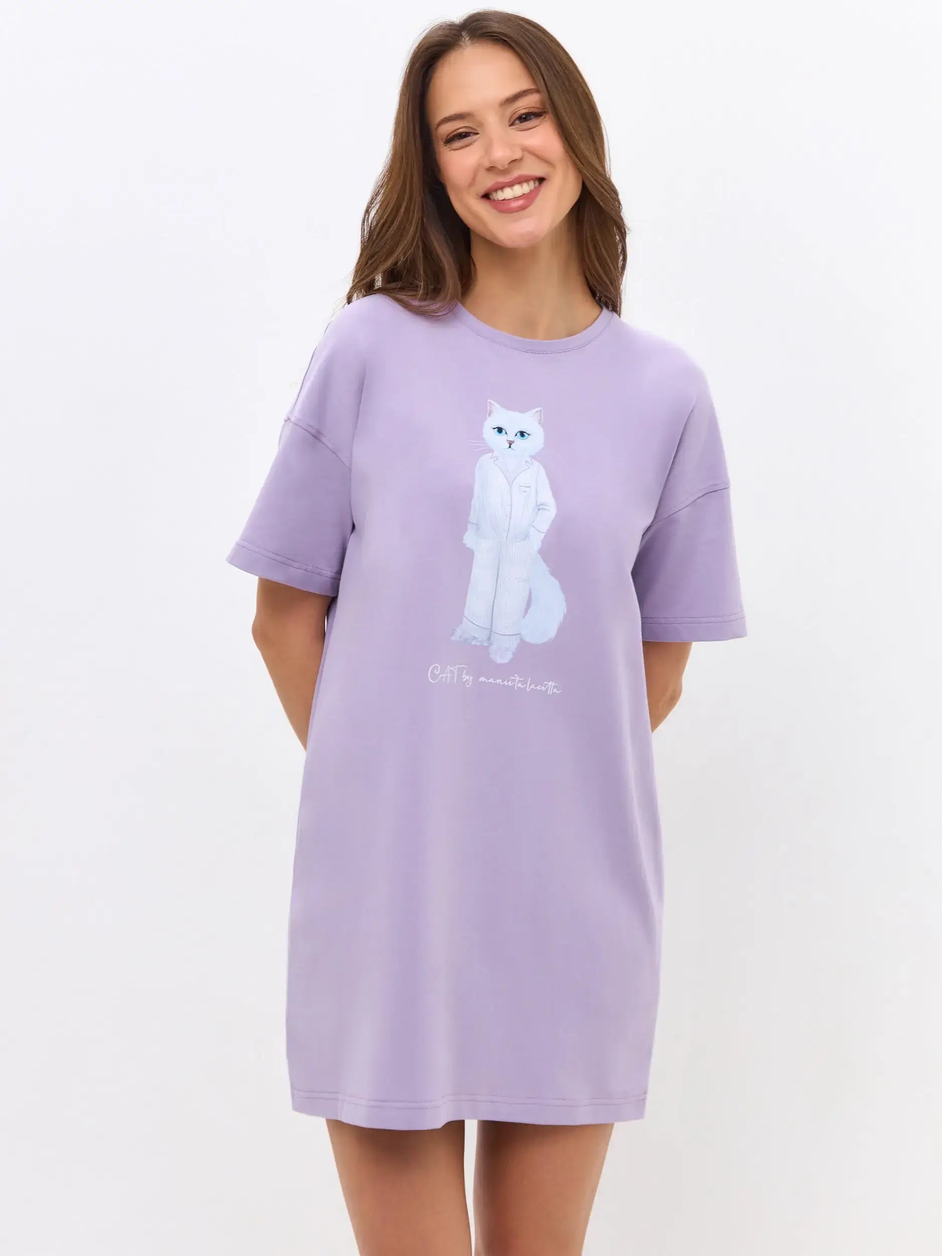Purple Oversized T-shirt Pajamas Cat | Loungewear For Cat Lovers
