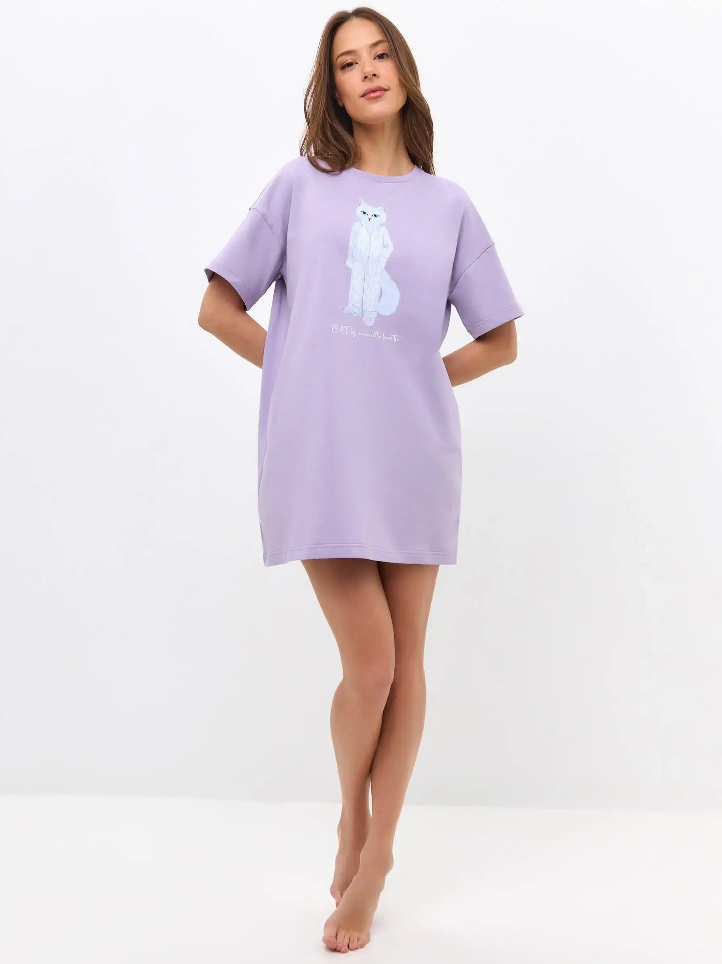 Purple Oversized T-shirt Pajamas Cat | Loungewear For Cat Lovers