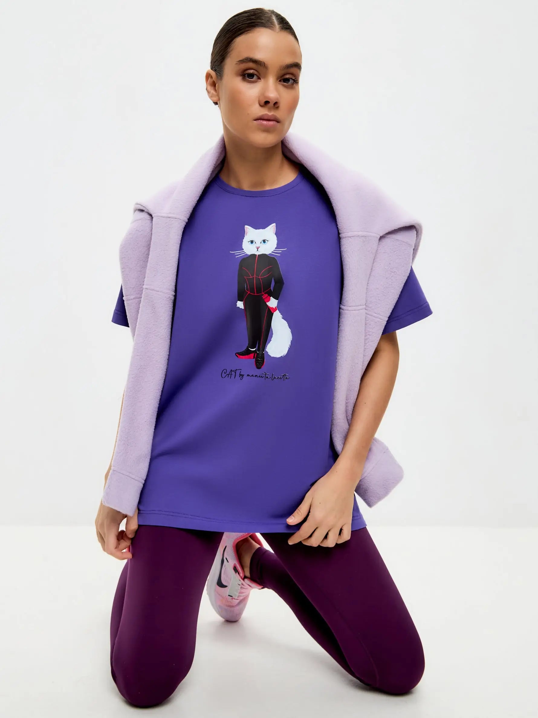 Purple Oversized T-shirt Sport Cat | T-shirt For Cat Lovers | Cat e
