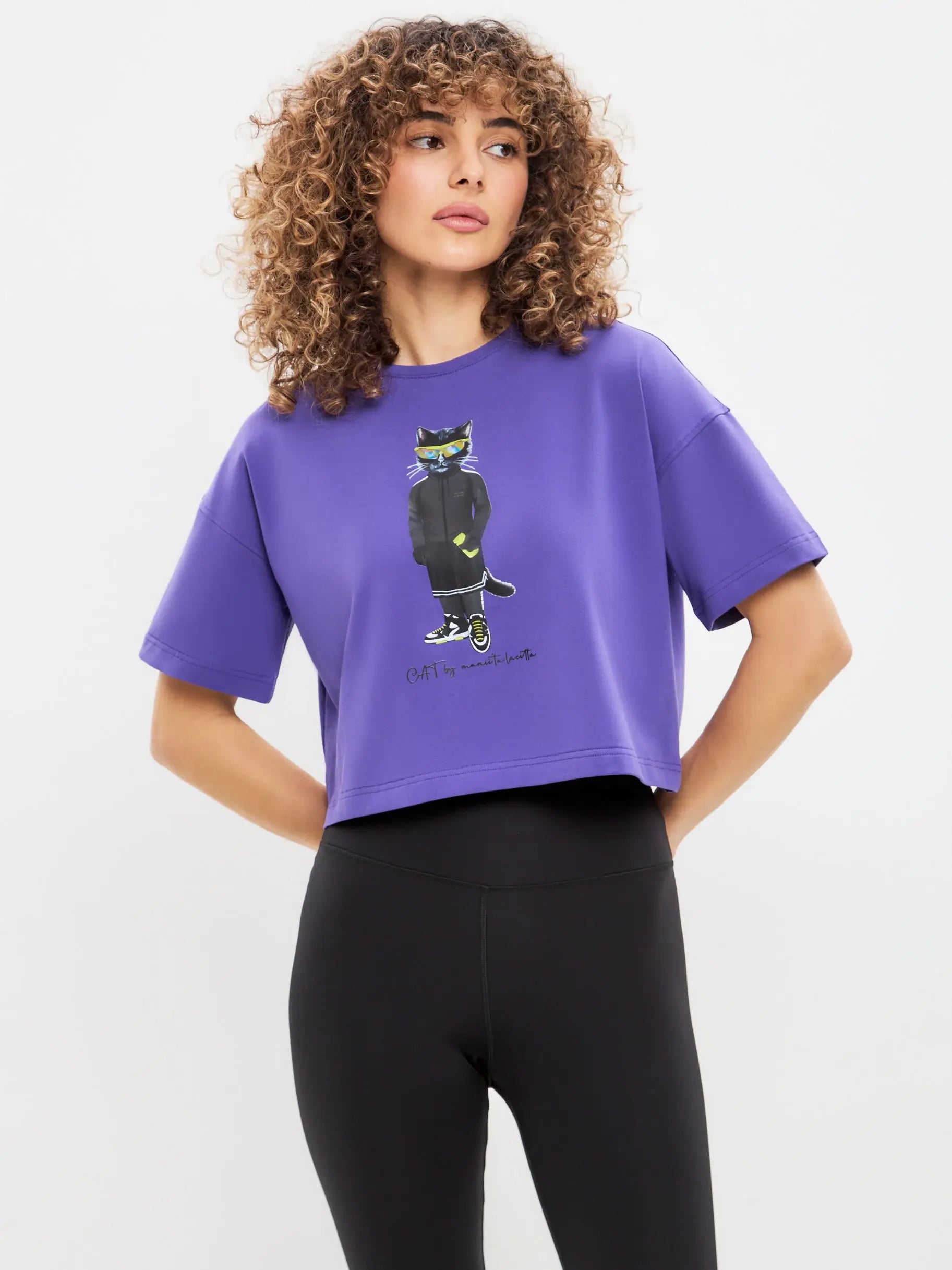 Purple Short Oversized T-shirt Sport Cat | T-shirt For Cat Lovers