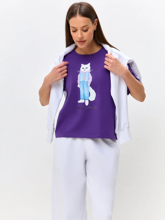 Purple T-shirt White Cat Walk | T-shirt For Cat Lovers | Cat e Lolette