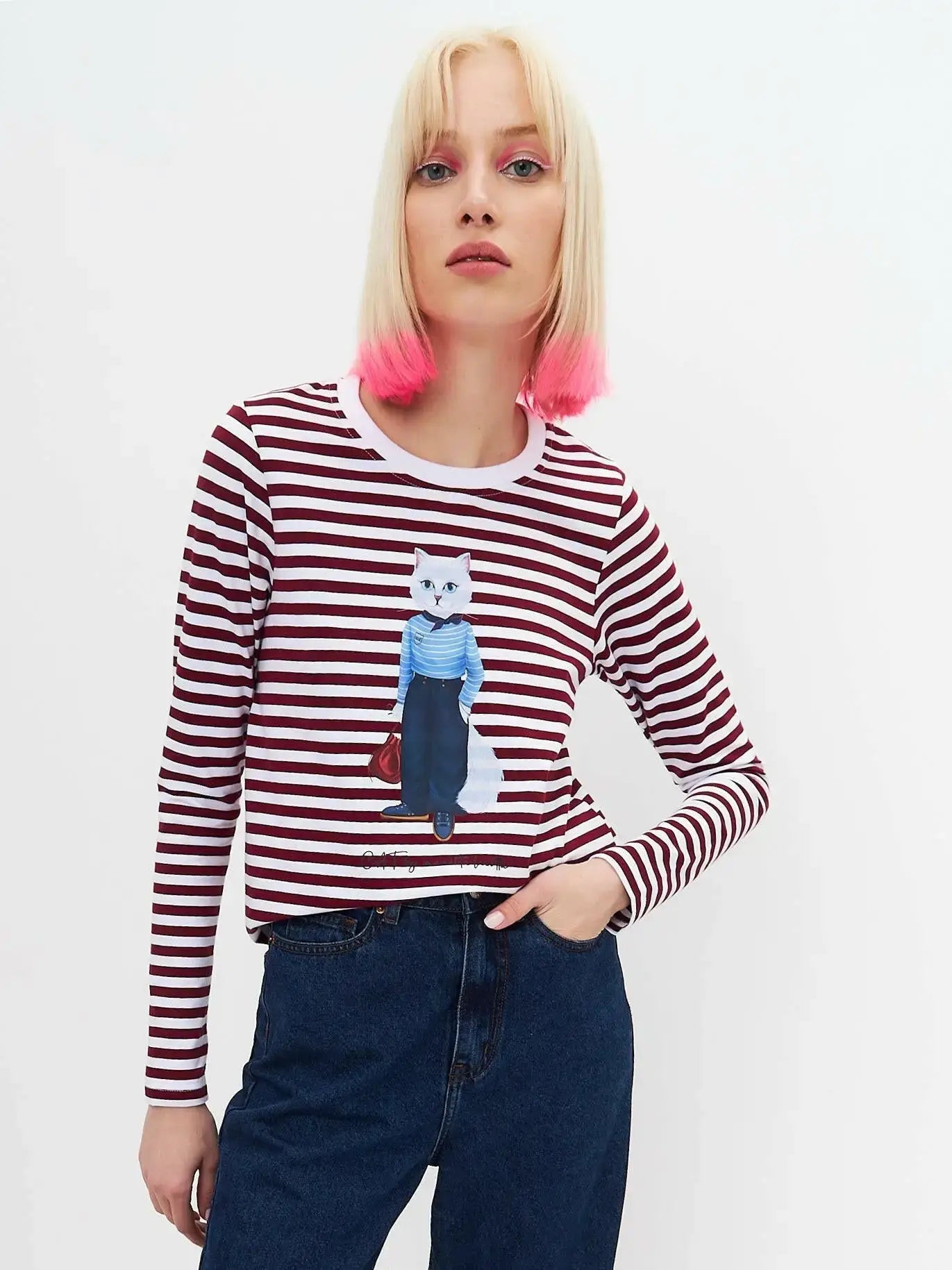 Red Longsleeve Mariner Cat | Shirt & Striped shirt For Cat Lovers