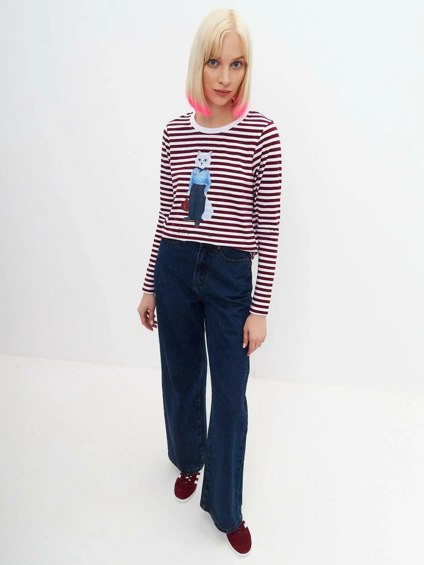 Red Longsleeve Mariner Cat | Shirt & Striped shirt For Cat Lovers