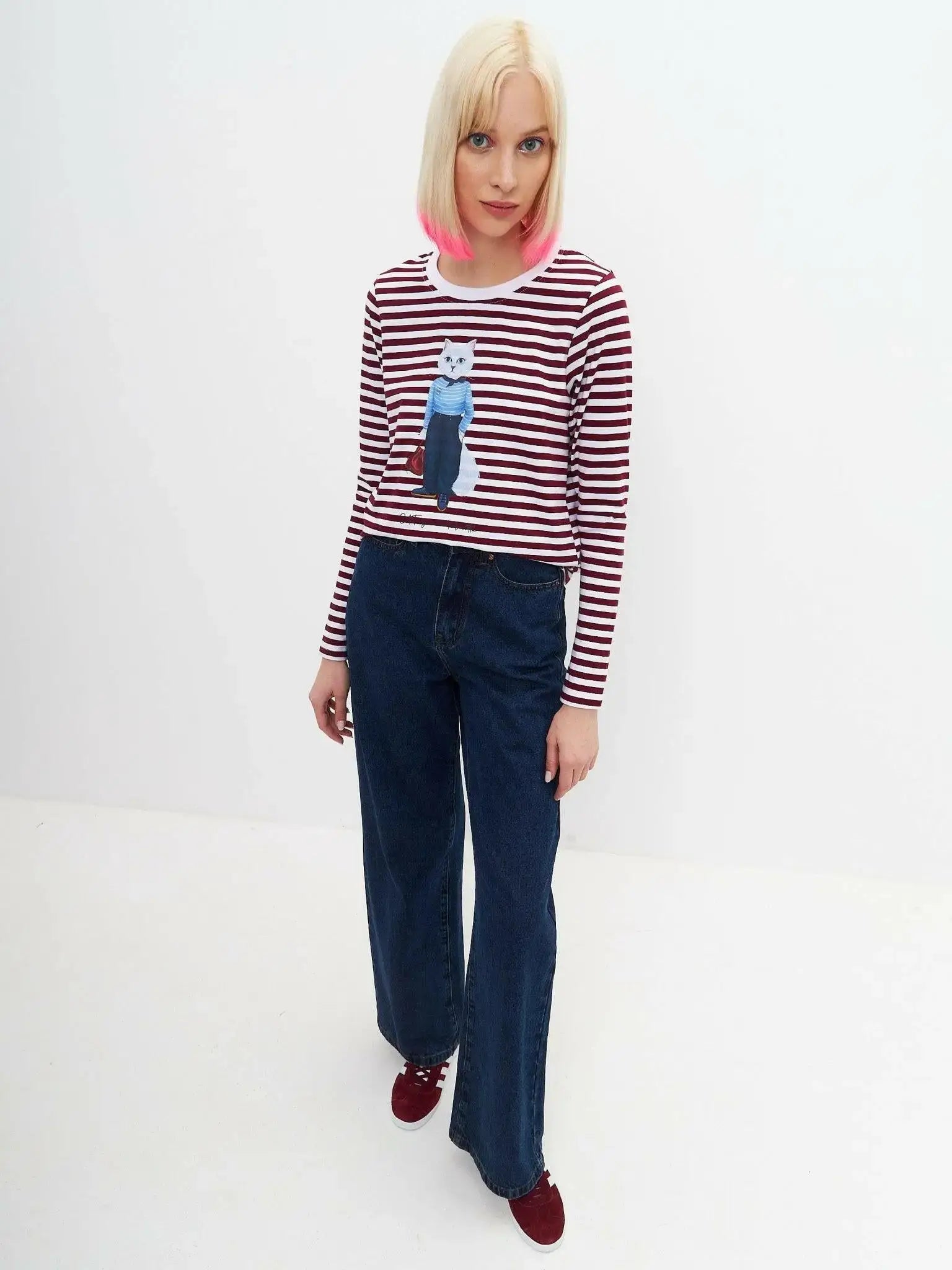 Red Longsleeve Mariner Cat | Shirt & Striped shirt For Cat Lovers