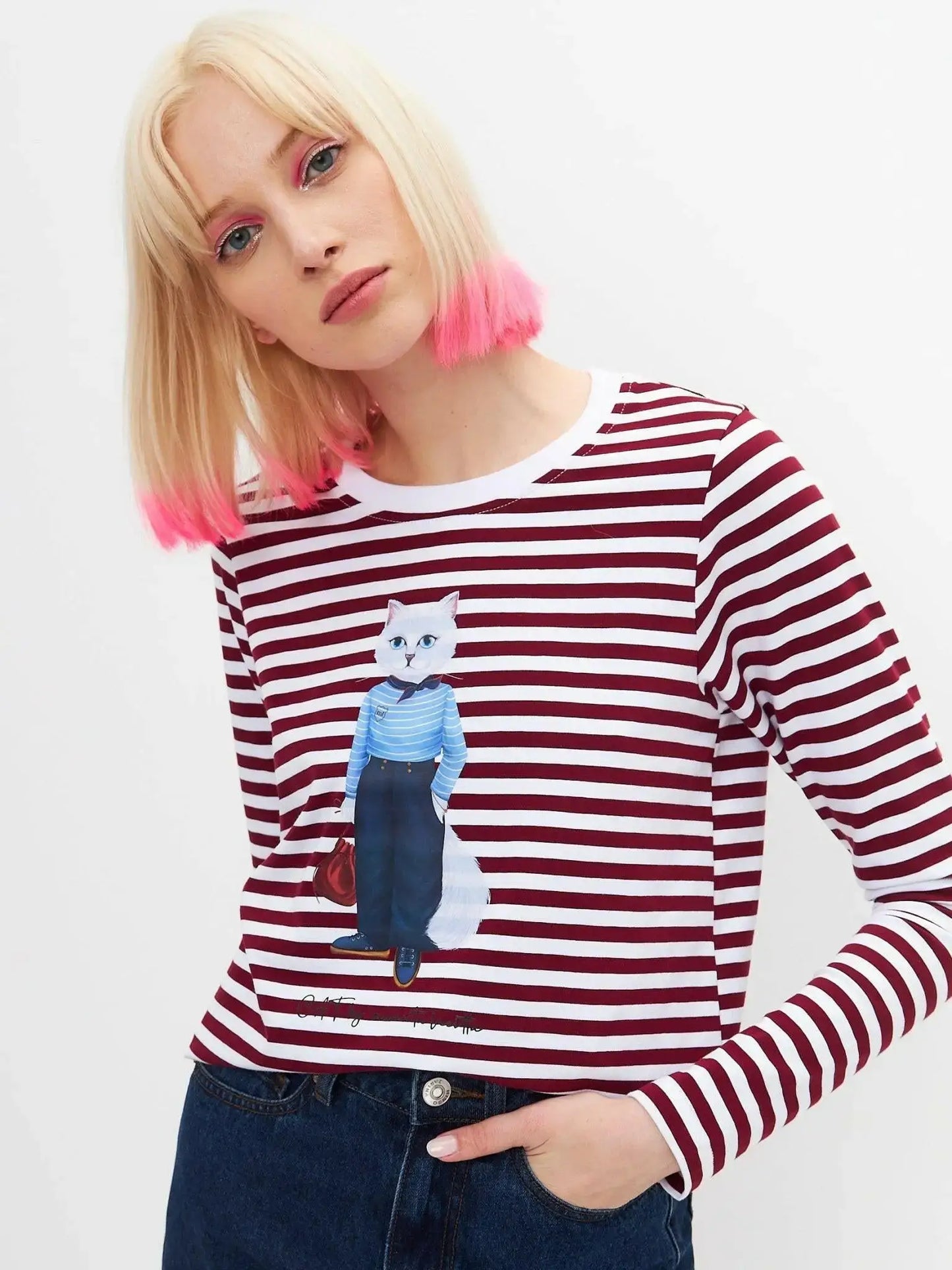 Red Longsleeve Mariner Cat | Shirt & Striped shirt For Cat Lovers