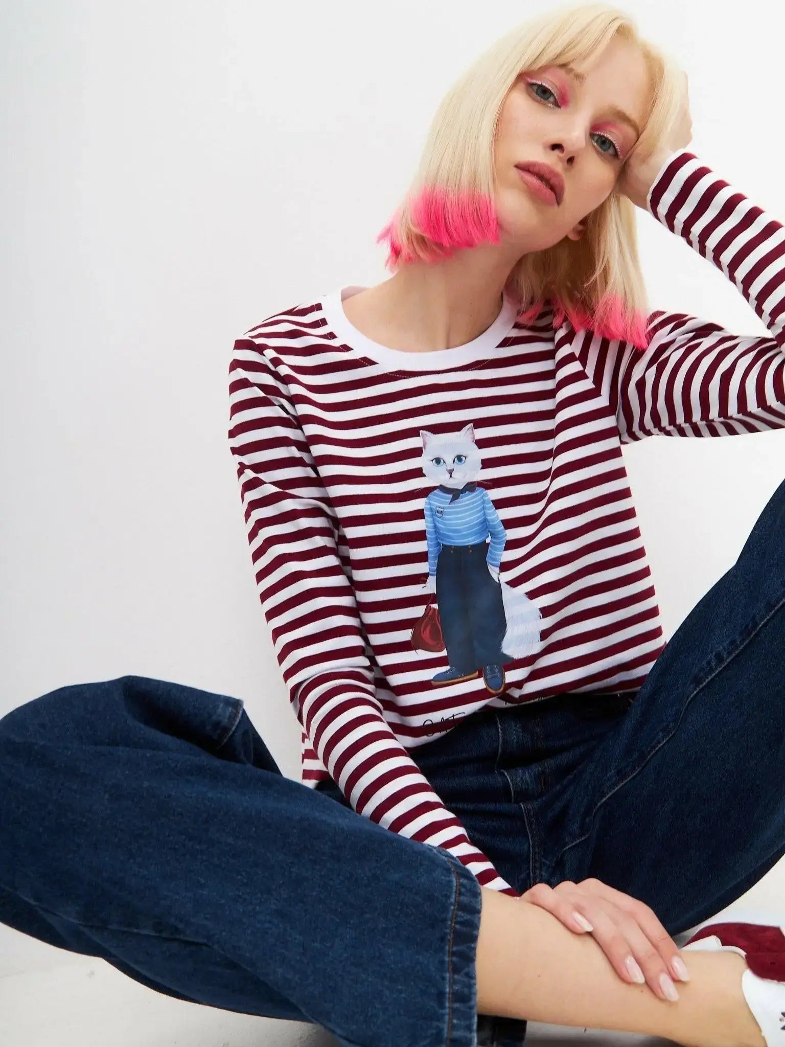 Red Longsleeve Mariner Cat | Shirt & Striped shirt For Cat Lovers