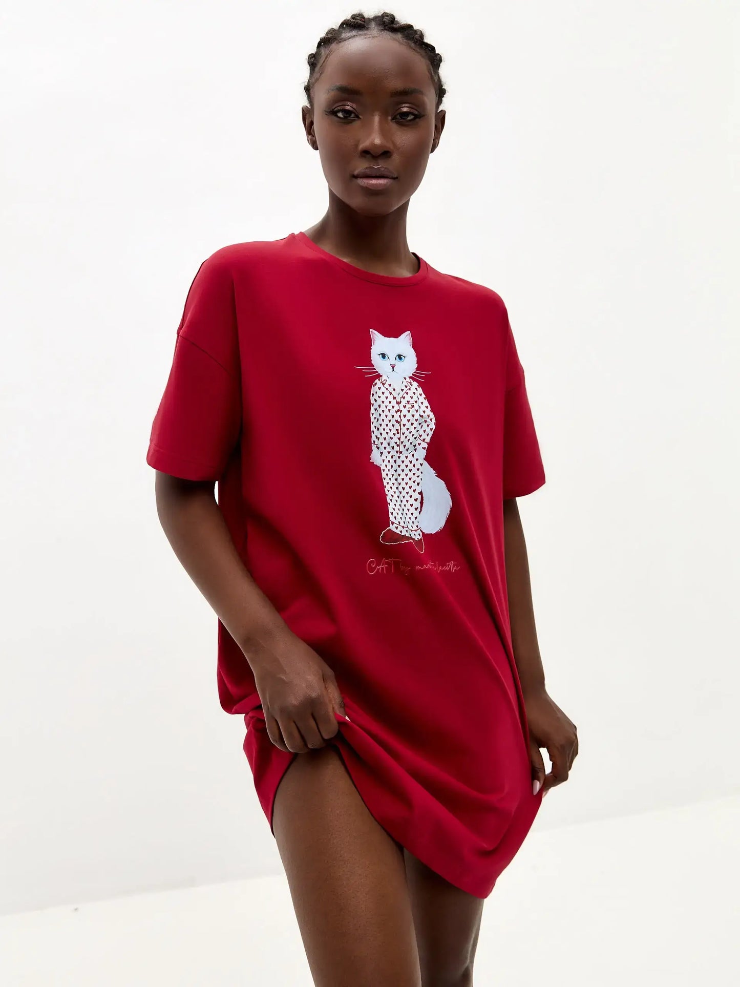 Red Oversized T-shirt Pajamas Cat | Loungewear For Cat Lovers | Cat e