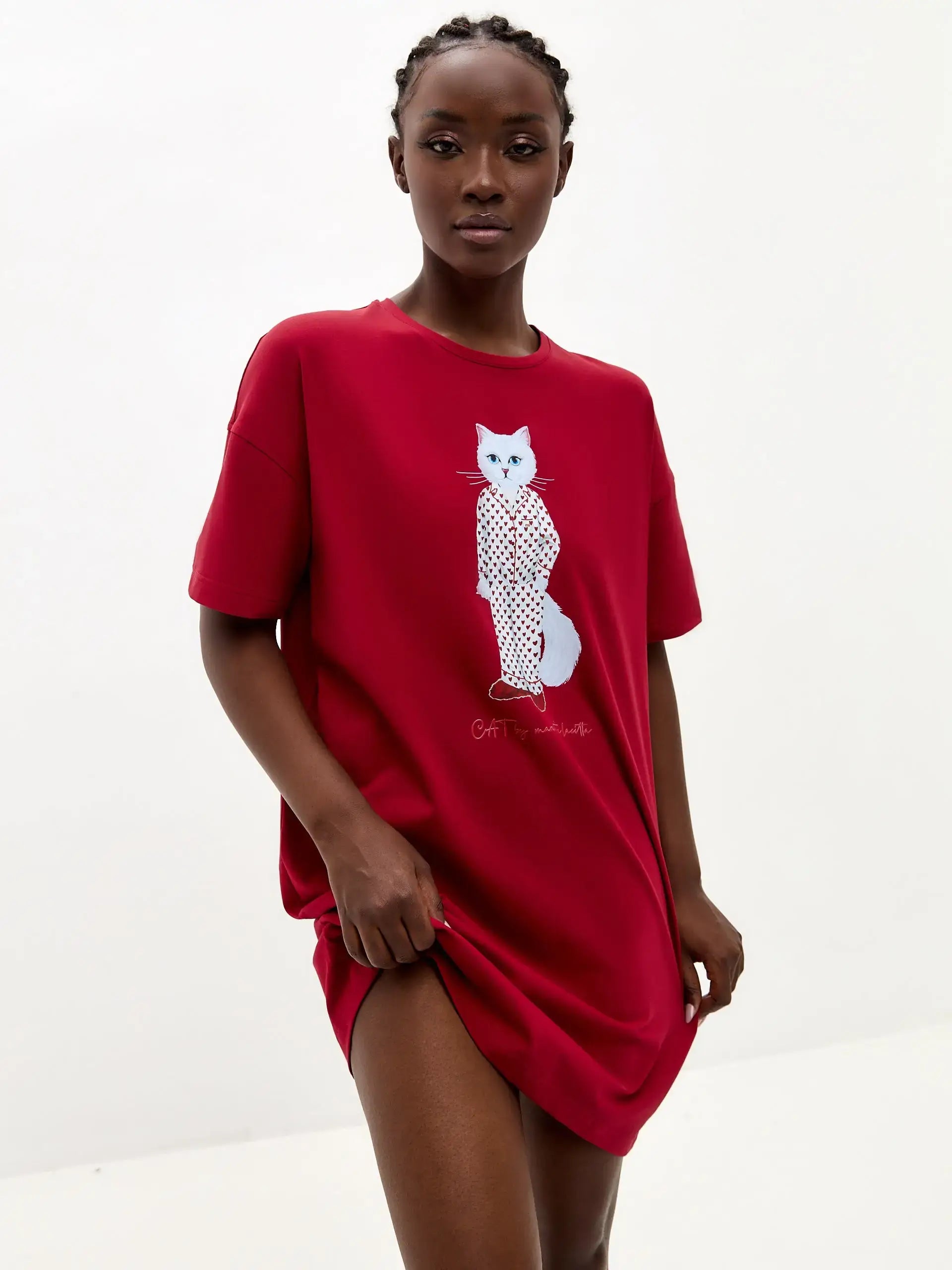 Red Oversized T-shirt Pajamas Cat | Loungewear For Cat Lovers | Cat e