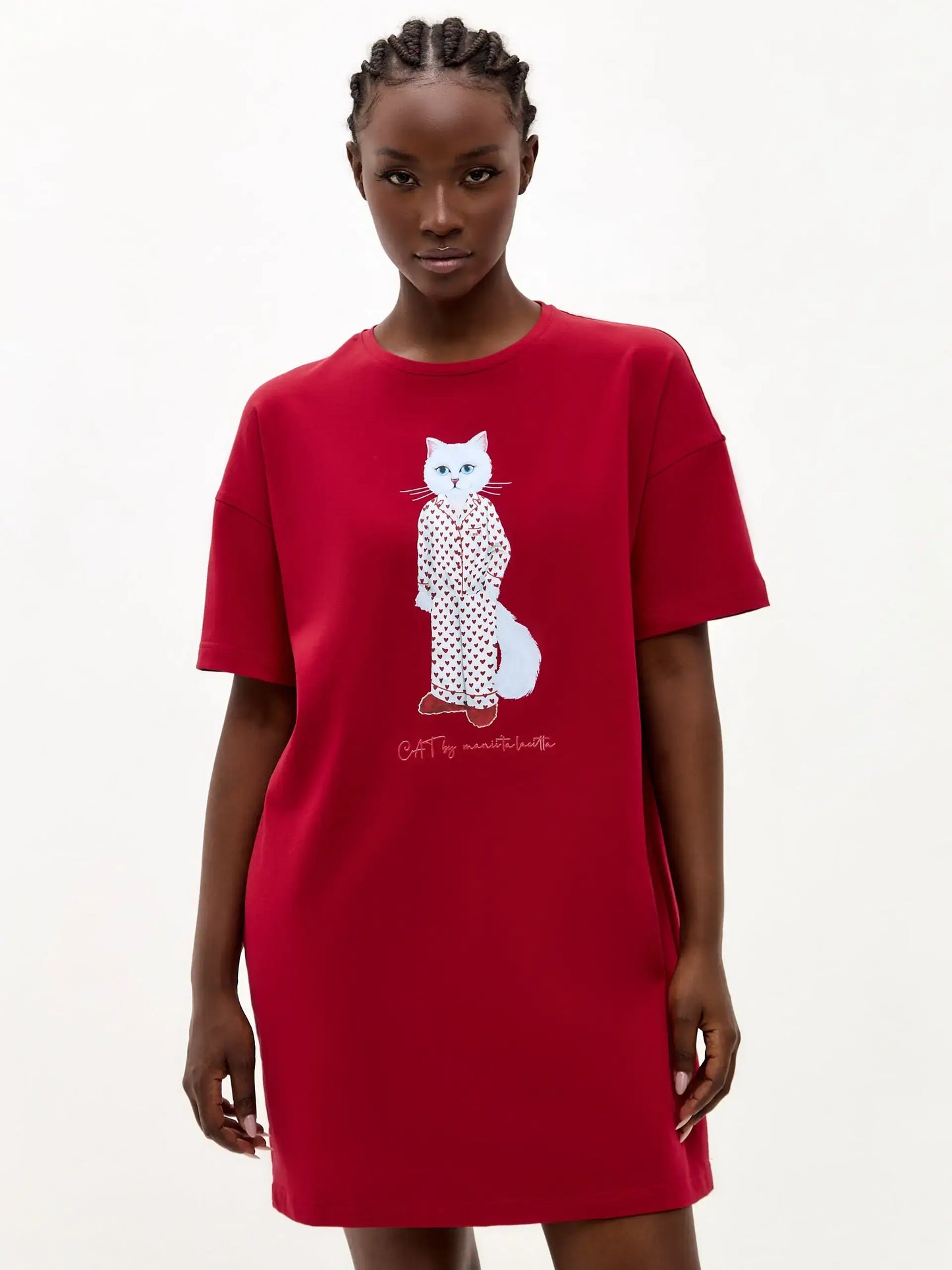 Red Oversized T-shirt Pajamas Cat | Loungewear For Cat Lovers | Cat e