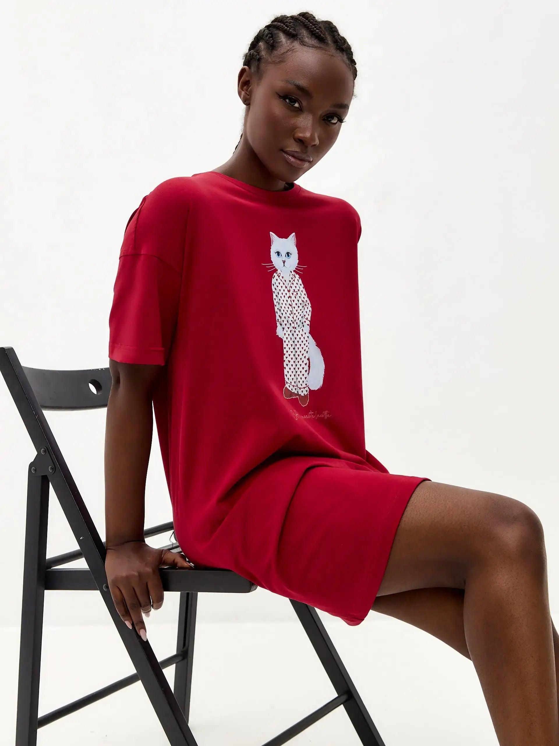 Red Oversized T-shirt Pajamas Cat | Loungewear For Cat Lovers | Cat e