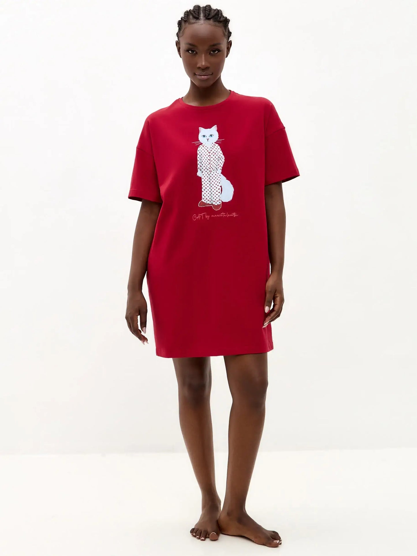 Red Oversized T-shirt Pajamas Cat | Loungewear For Cat Lovers | Cat e