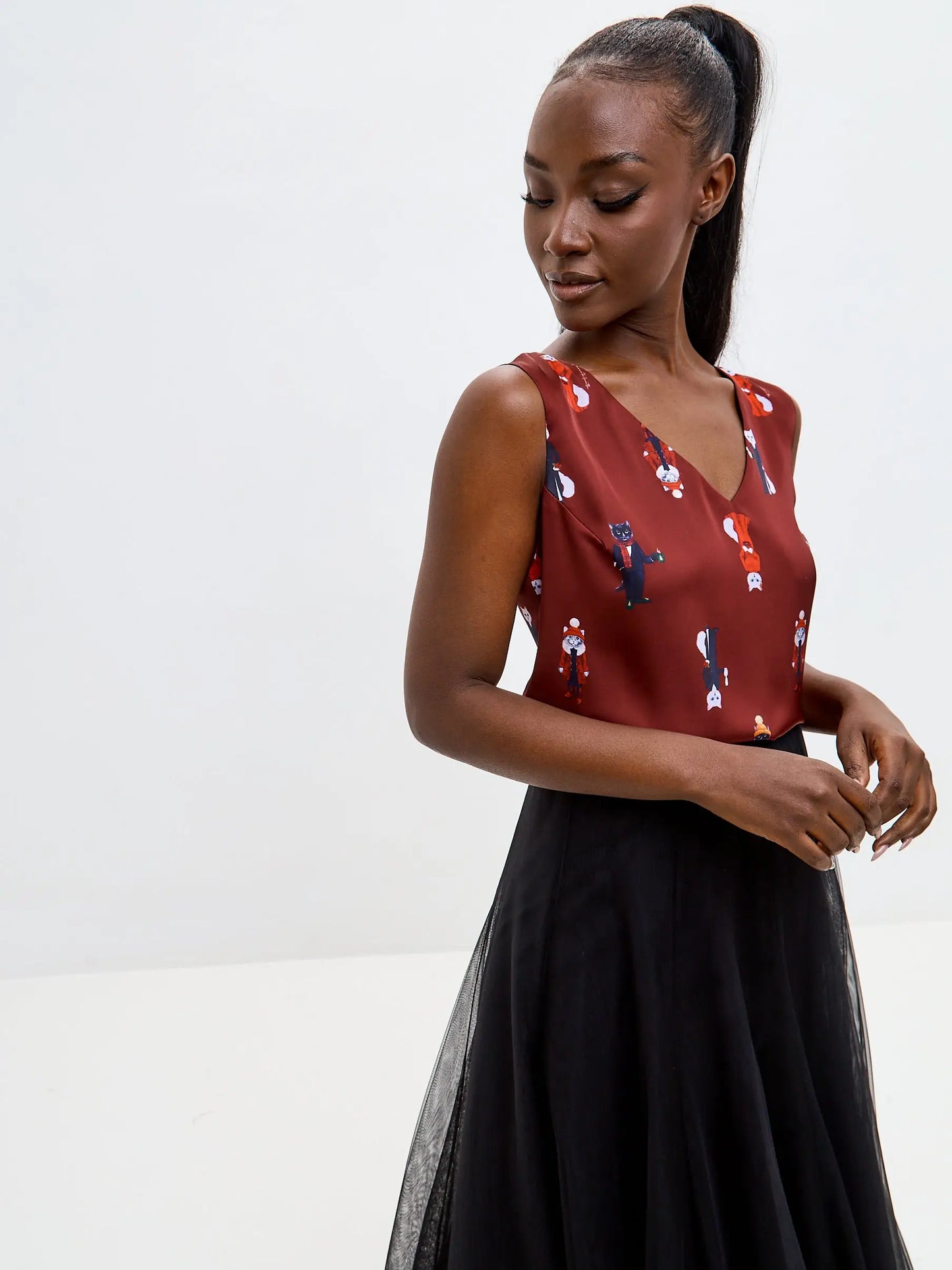 Red Silk Top Cat | Silk top For Cat Lovers | Cat e Lolette
