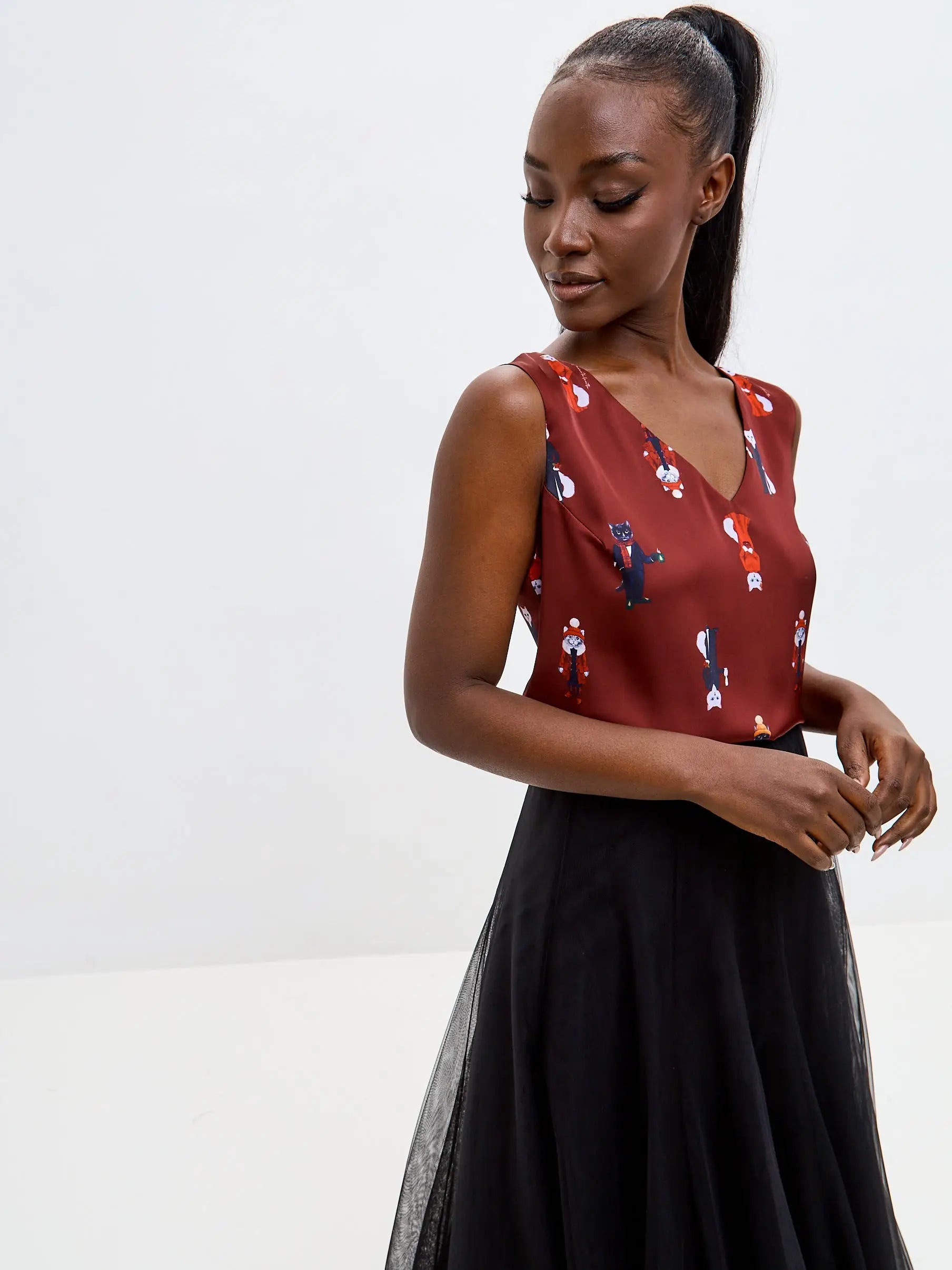 Red Silk Top Cat | Silk top For Cat Lovers | Cat e Lolette