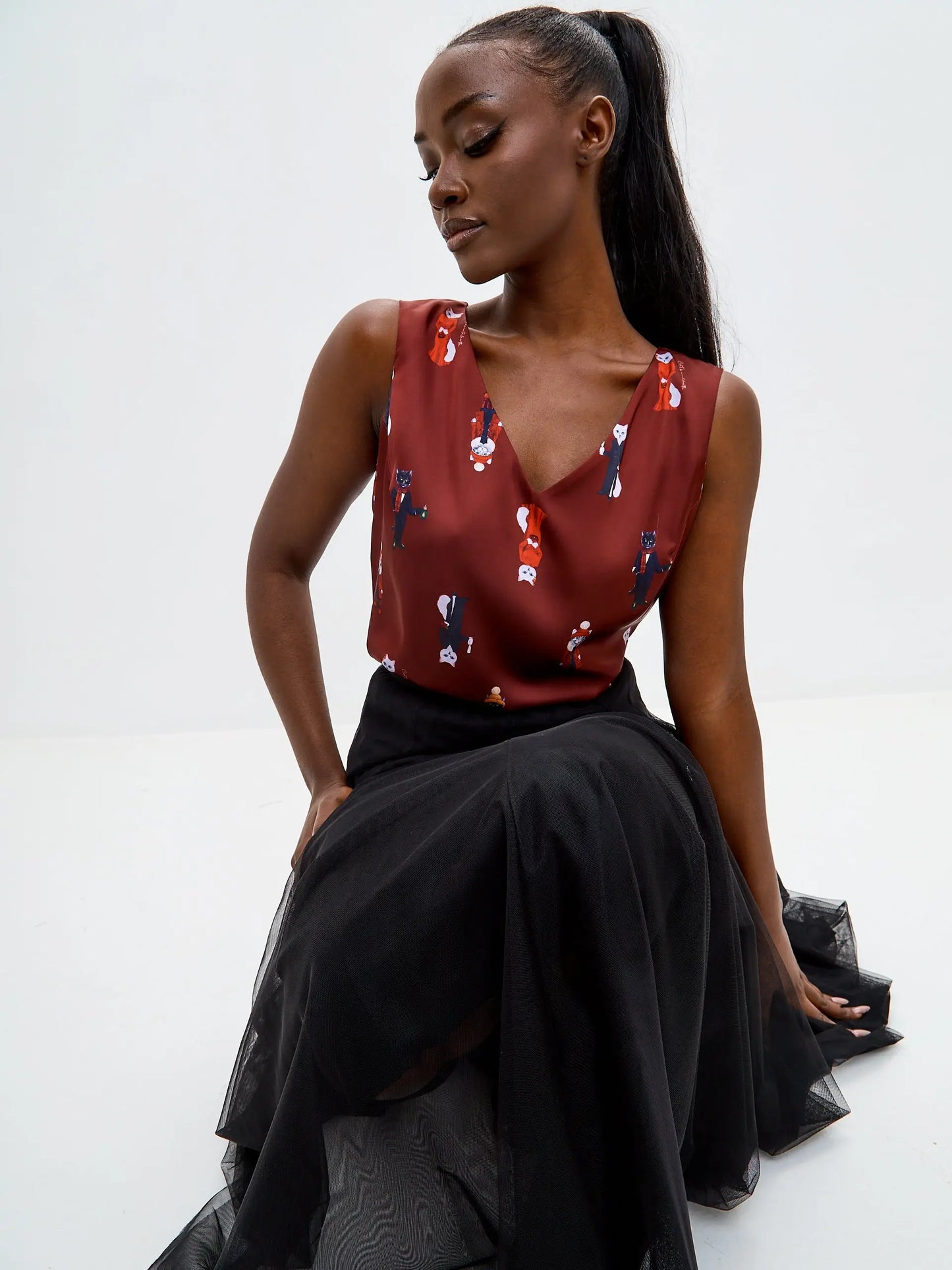 Red Silk Top Cat | Silk top For Cat Lovers | Cat e Lolette