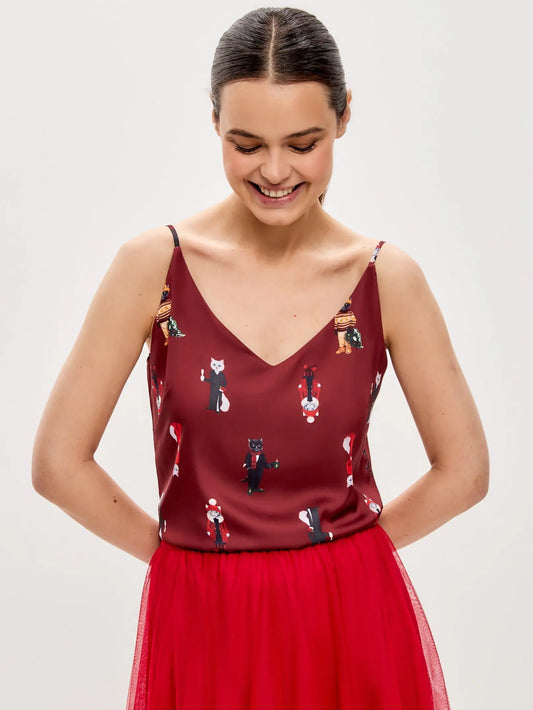 Red Silk Top Cat | Silk top For Cat Lovers | Cat e Lolette