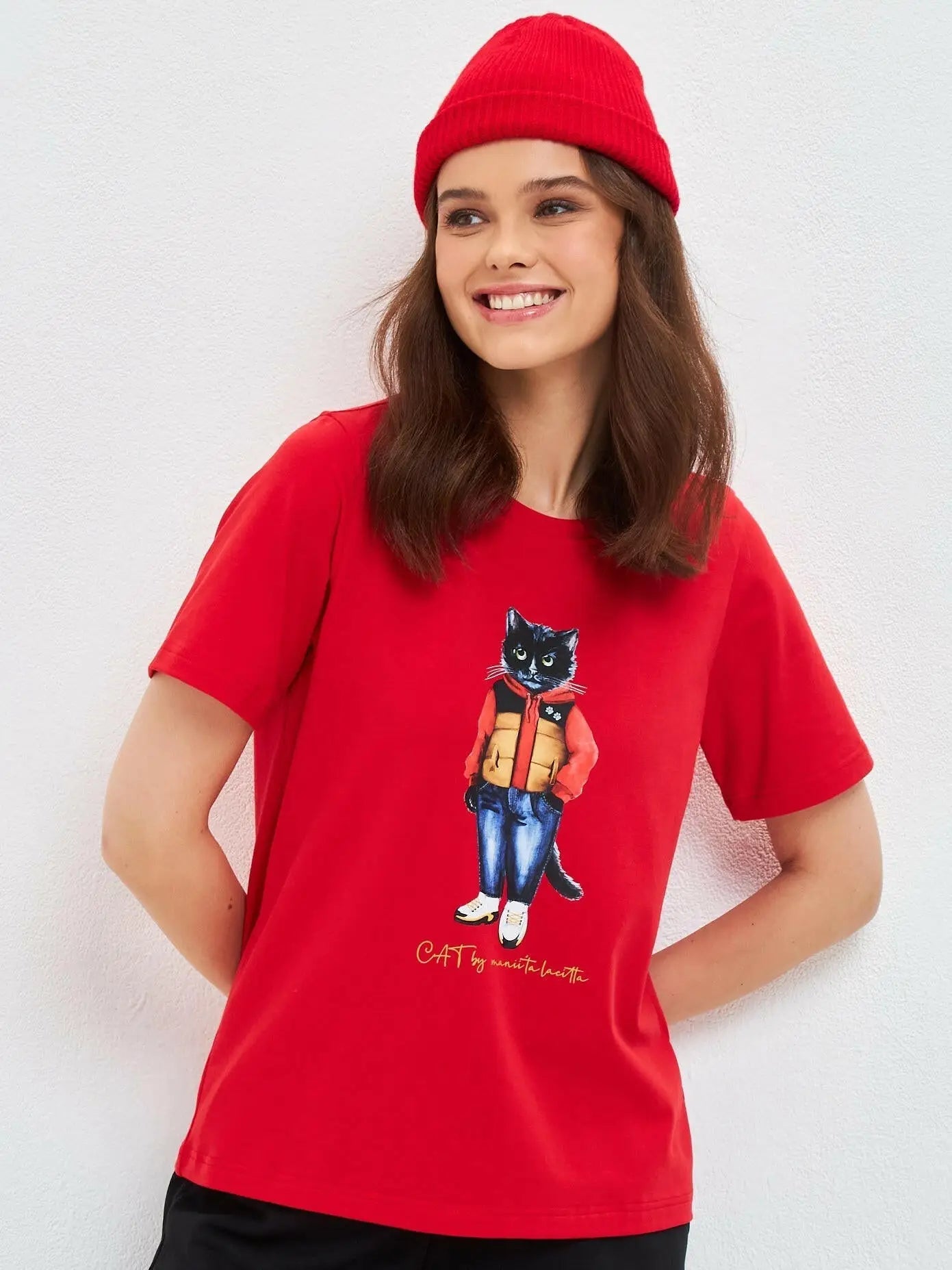 Red T-shirt Sport Casual Cat | T-shirt For Cat Lovers | Cat e Lolette