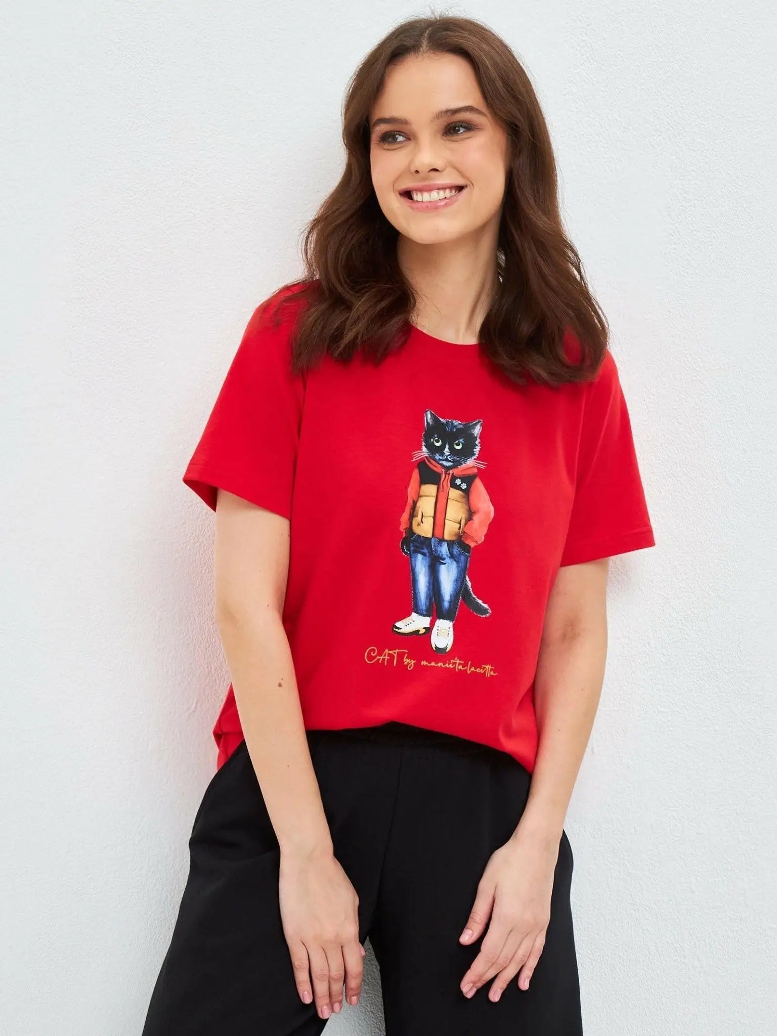 Red T-shirt Sport Casual Cat | T-shirt For Cat Lovers | Cat e Lolette