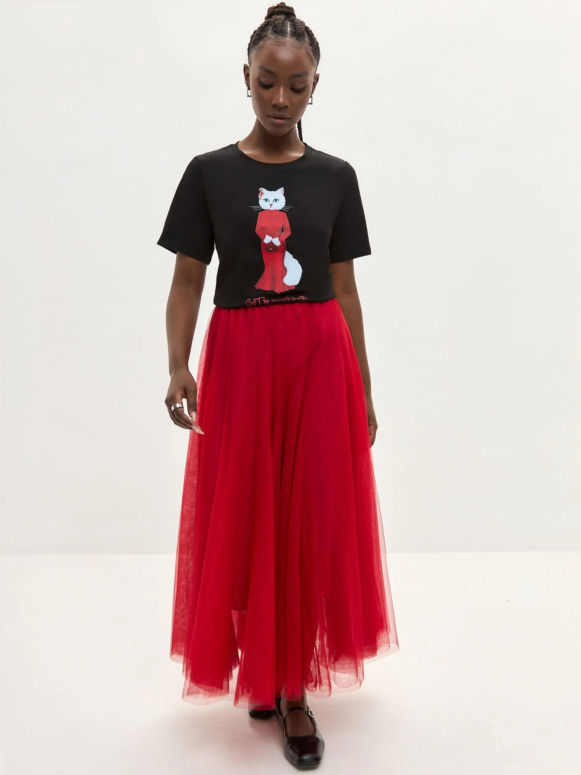 Set: Women’s T-shirt with a White Cat and a Red Tulle Skirt | For Cat