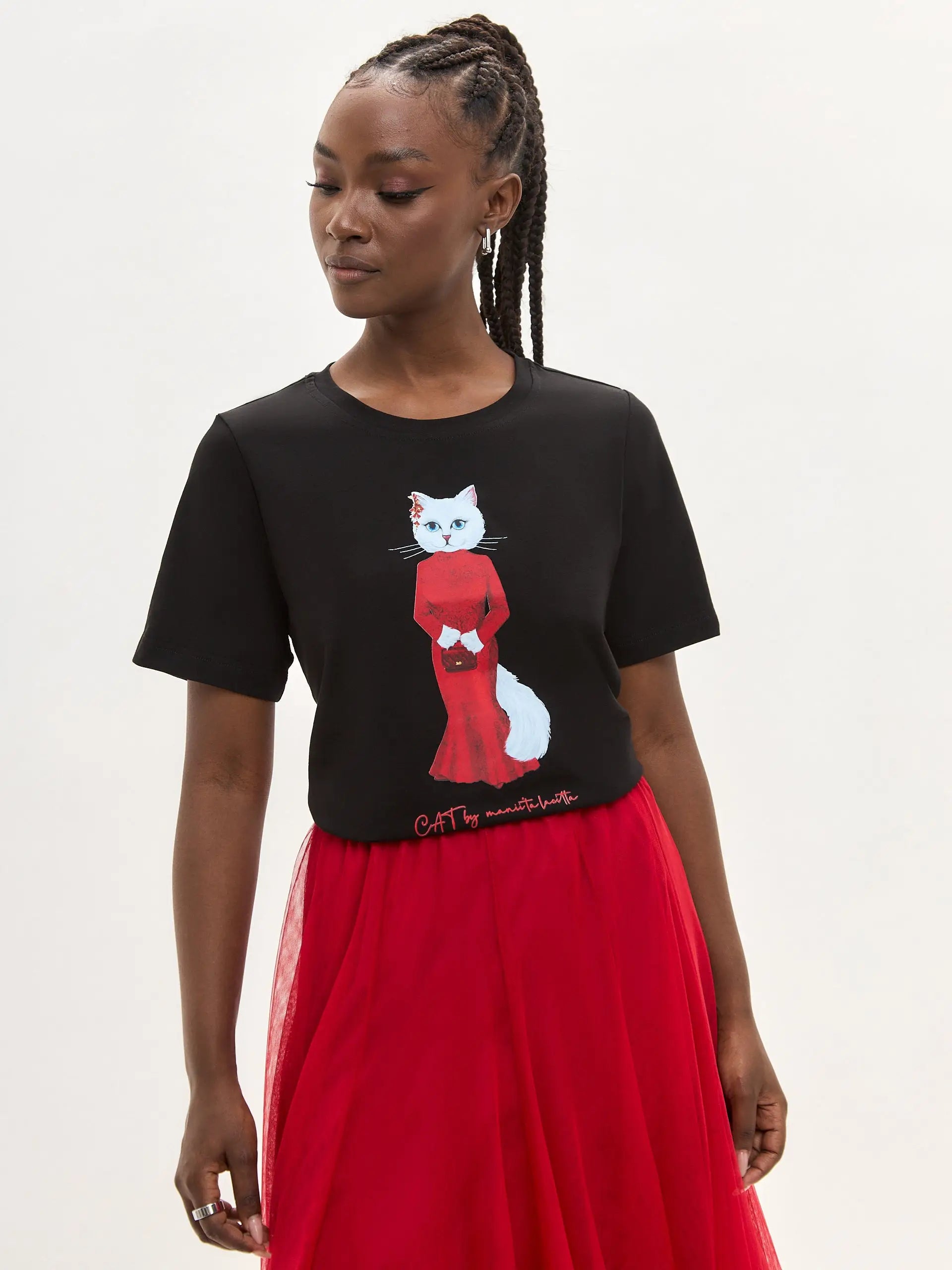 Set: Women’s T-shirt with a White Cat and a Red Tulle Skirt | For Cat